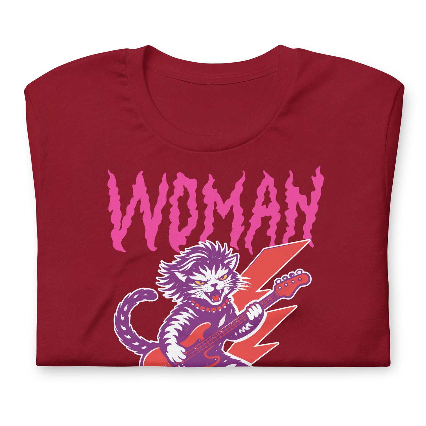Folded red unisex t-shirt showing the feminist punk rock cat illustration and bold distressed lettering reading “WOMAN OF A CERTAIN RAGE,” graphic-forward product display.