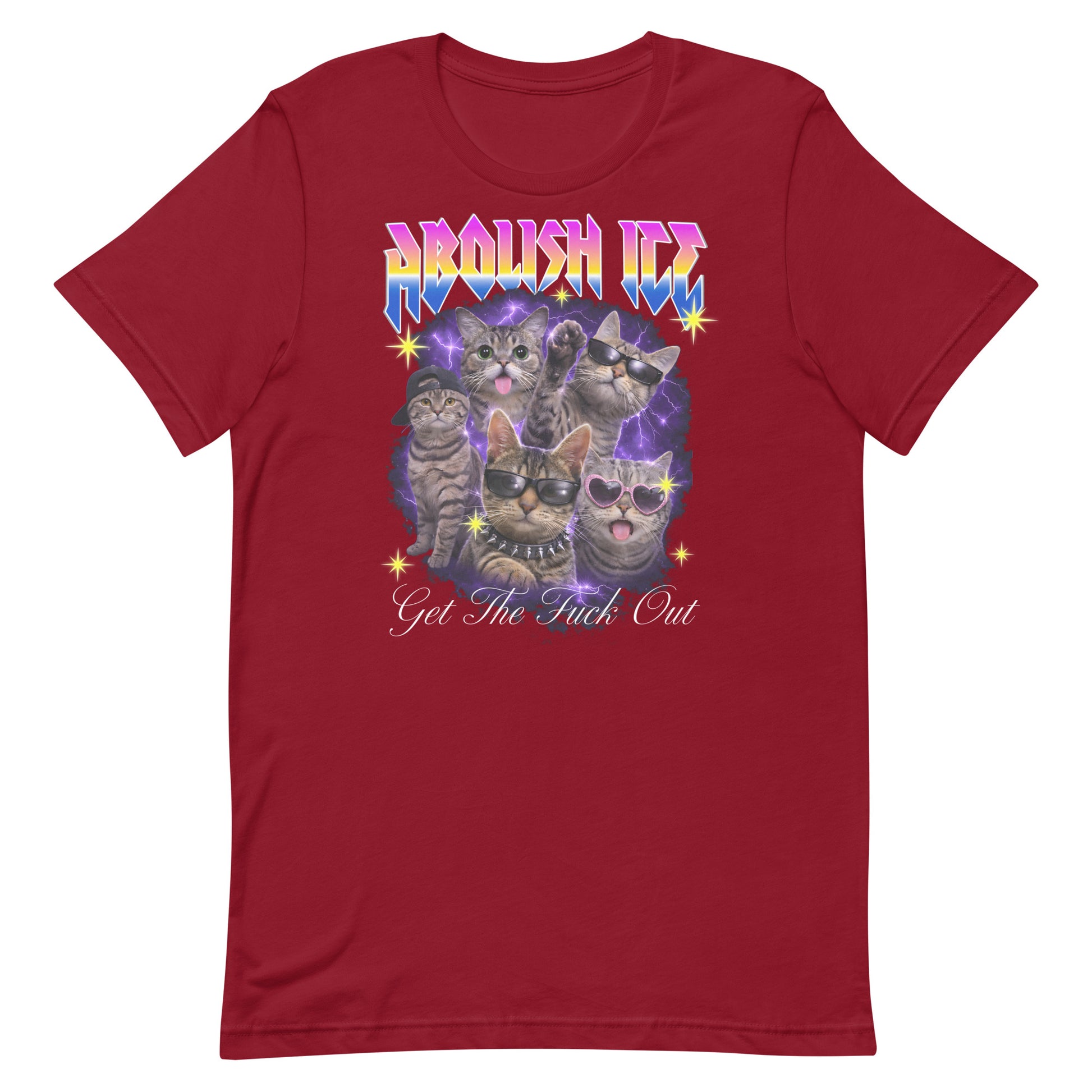 Red unisex t-shirt featuring bootleg cat graphic with lightning effects, rainbow gradient “ABOLISH ICE” text, and cursive phrase “Get The Fuck Out,” centered chest print.