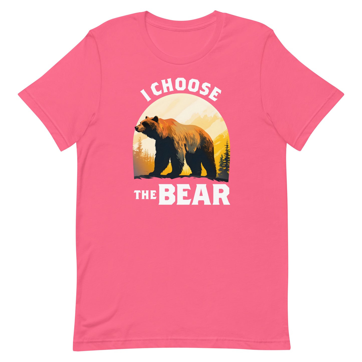 Heather pink unisex t-shirt featuring bear illustration in sunset circle with phrase “I Choose The Bear,” progressive equality-focused design.
