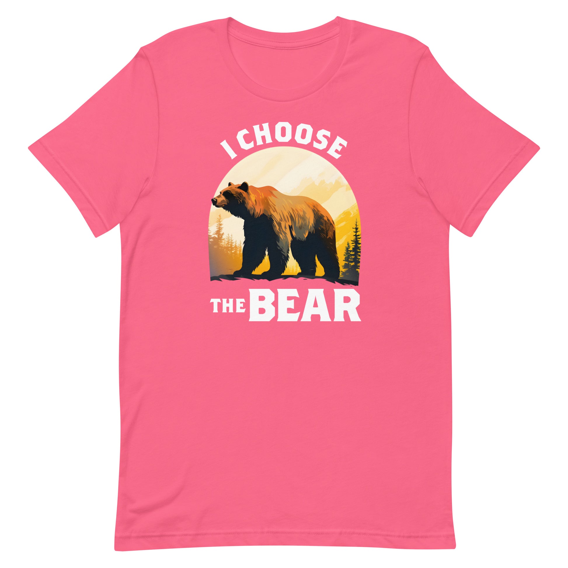 Heather pink unisex t-shirt featuring bear illustration in sunset circle with phrase “I Choose The Bear,” progressive equality-focused design.