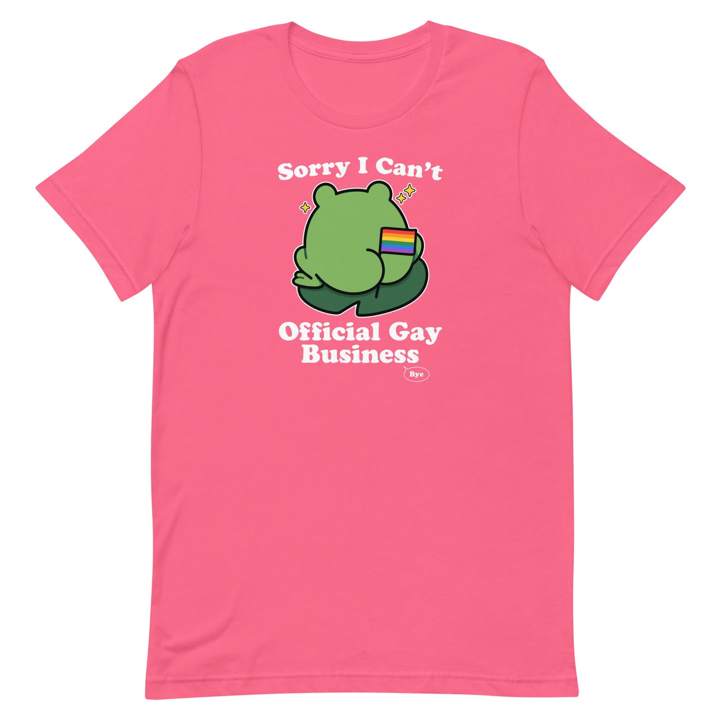 Pink unisex pride t-shirt featuring a cartoon frog, rainbow flag accents, and “Official Gay Business” design with playful pride-themed humor.