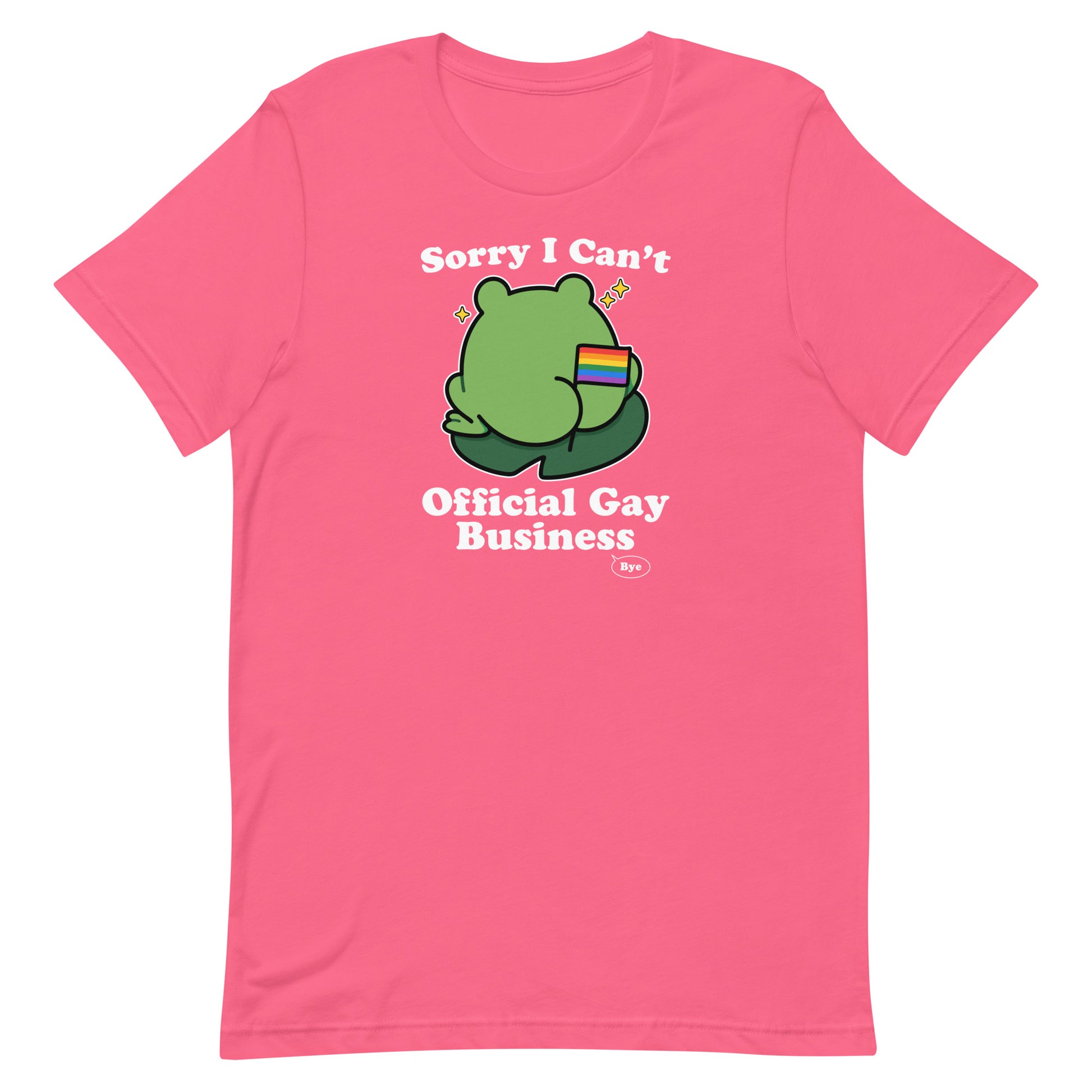Pink unisex pride t-shirt featuring a cartoon frog, rainbow flag accents, and “Official Gay Business” design with playful pride-themed humor.