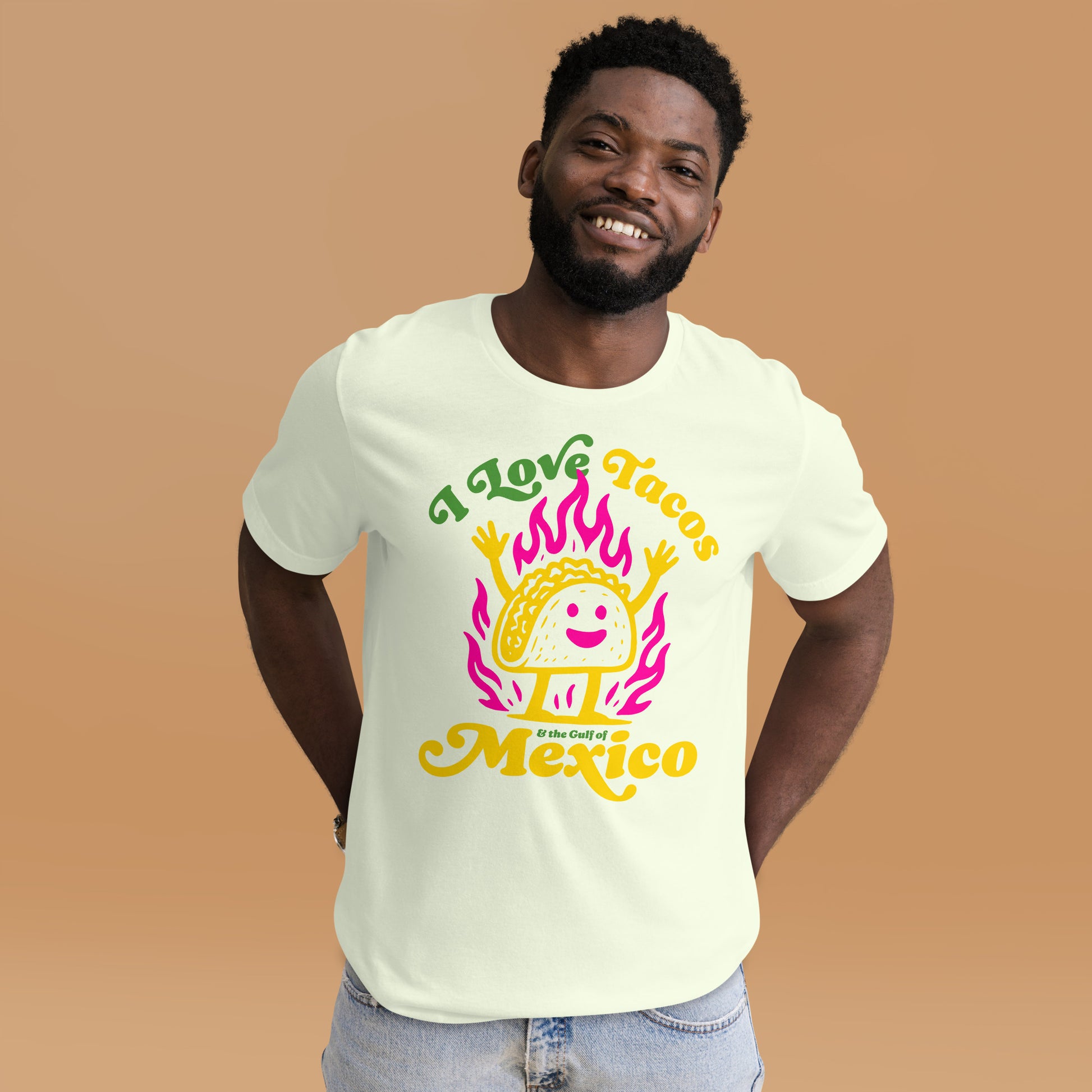 Lifestyle Image: “Male model wearing political taco shirt celebrating the Gulf of Mexico and cultural pride”