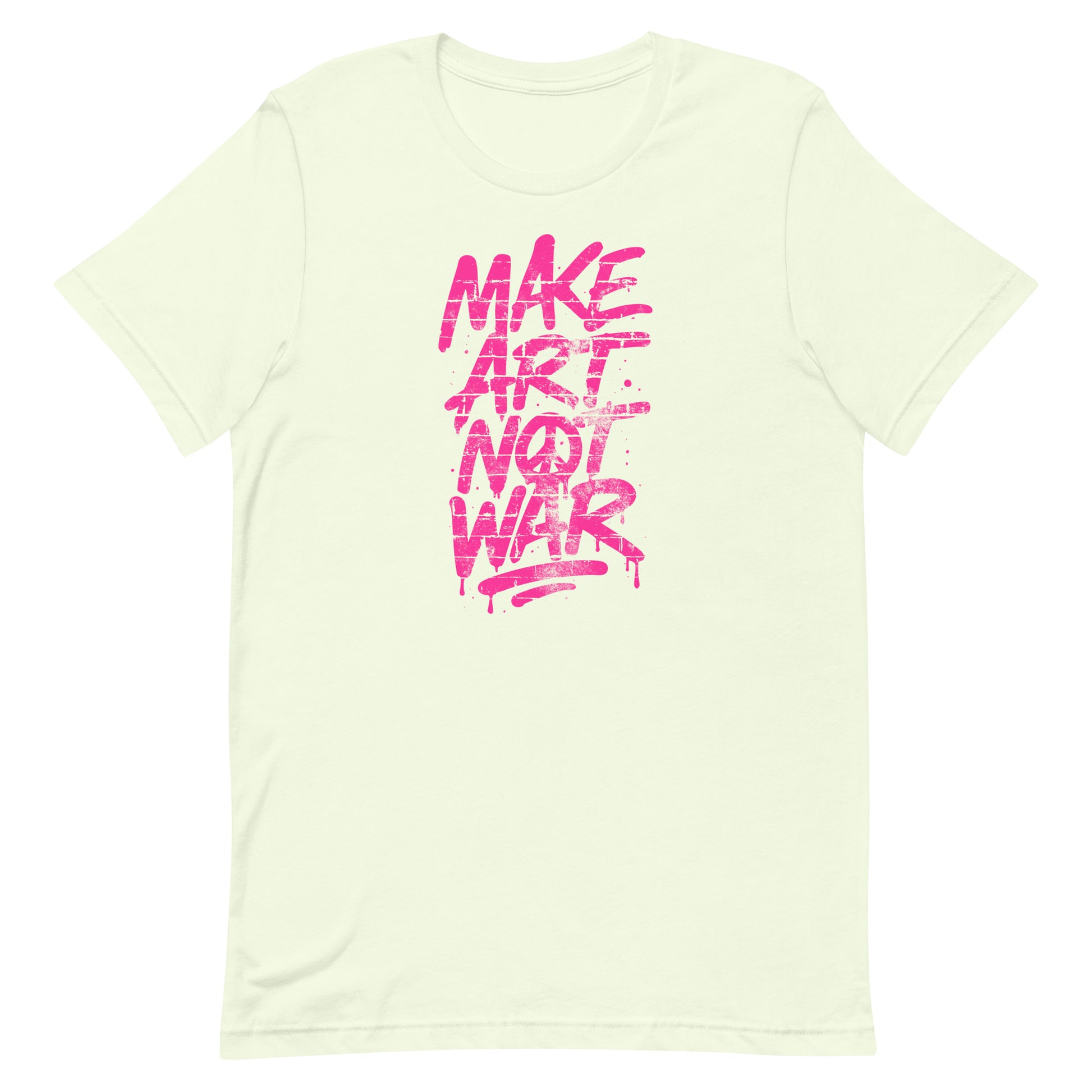 Front View Image: Front view of Make Art Not War graffiti protest t-shirt with bold pink spray-paint lettering