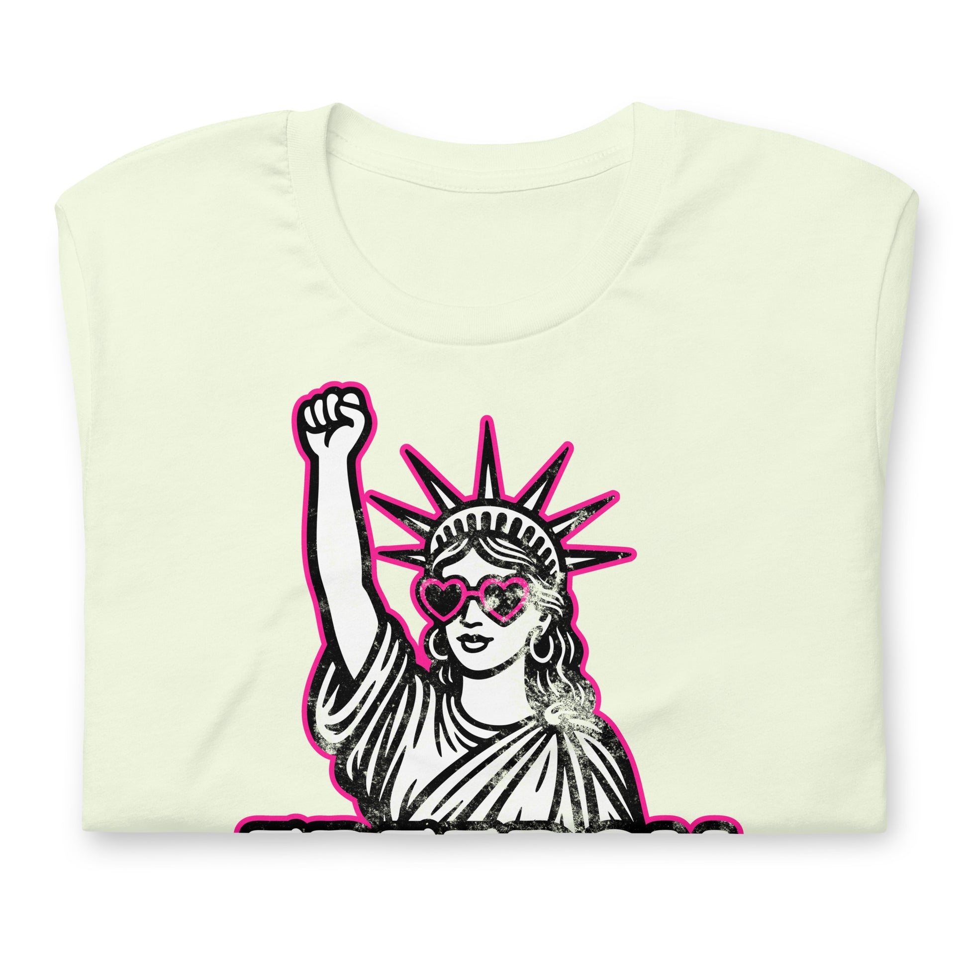 Close-Up of Design: Close-up of feminist Liberty graphic with distressed Freedom For All lettering - Citron