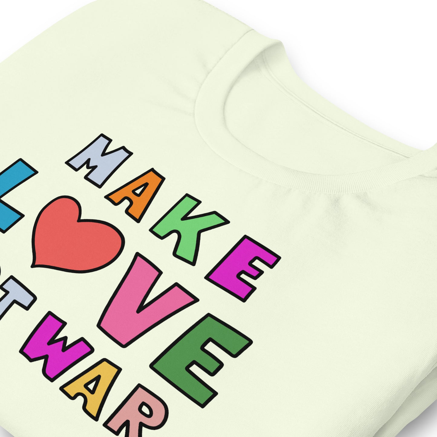 Close-Up of Design: Detailed view of the anti-war “Make Love Not War” graphic