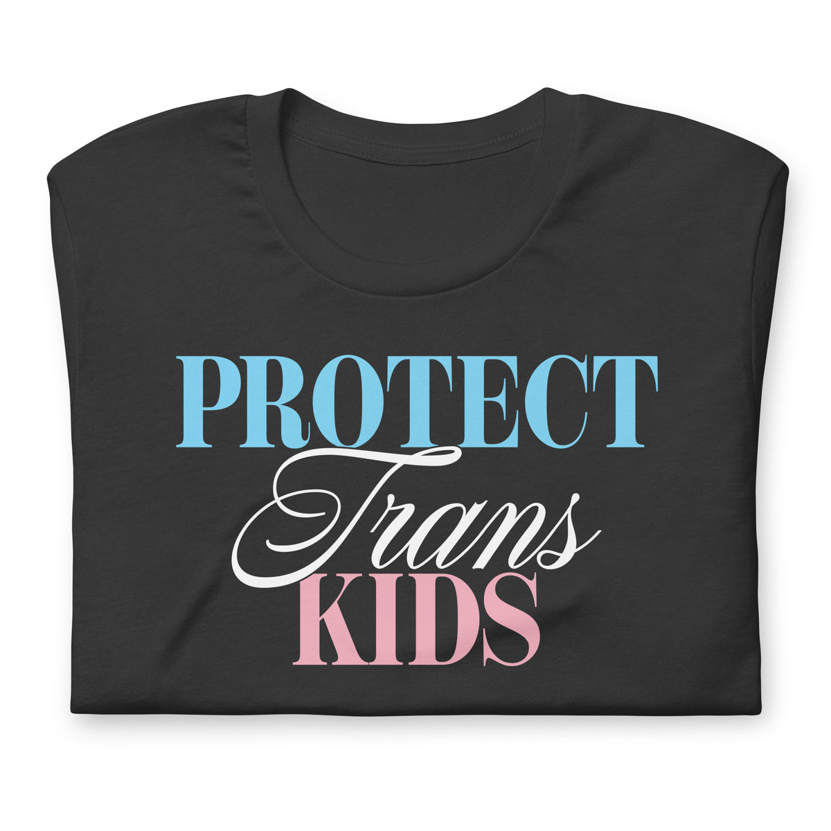 Folded dark grey unisex t-shirt showcasing the “Protect Trans Kids” design in trans pride-inspired blue, white, and pink lettering.