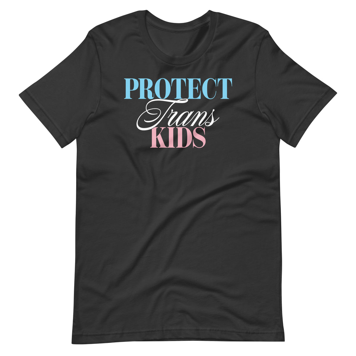 Heather dark grey unisex t-shirt featuring the “Protect Trans Kids” graphic in blue, white, and pink typography.