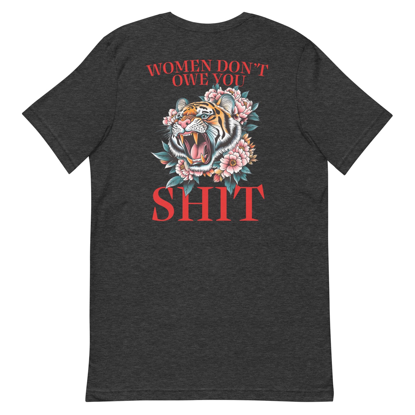 Dark heather gray unisex t-shirt featuring roaring tiger illustration and phrase “Women Don’t Owe You Sh*t,” bold feminist activist clothing.