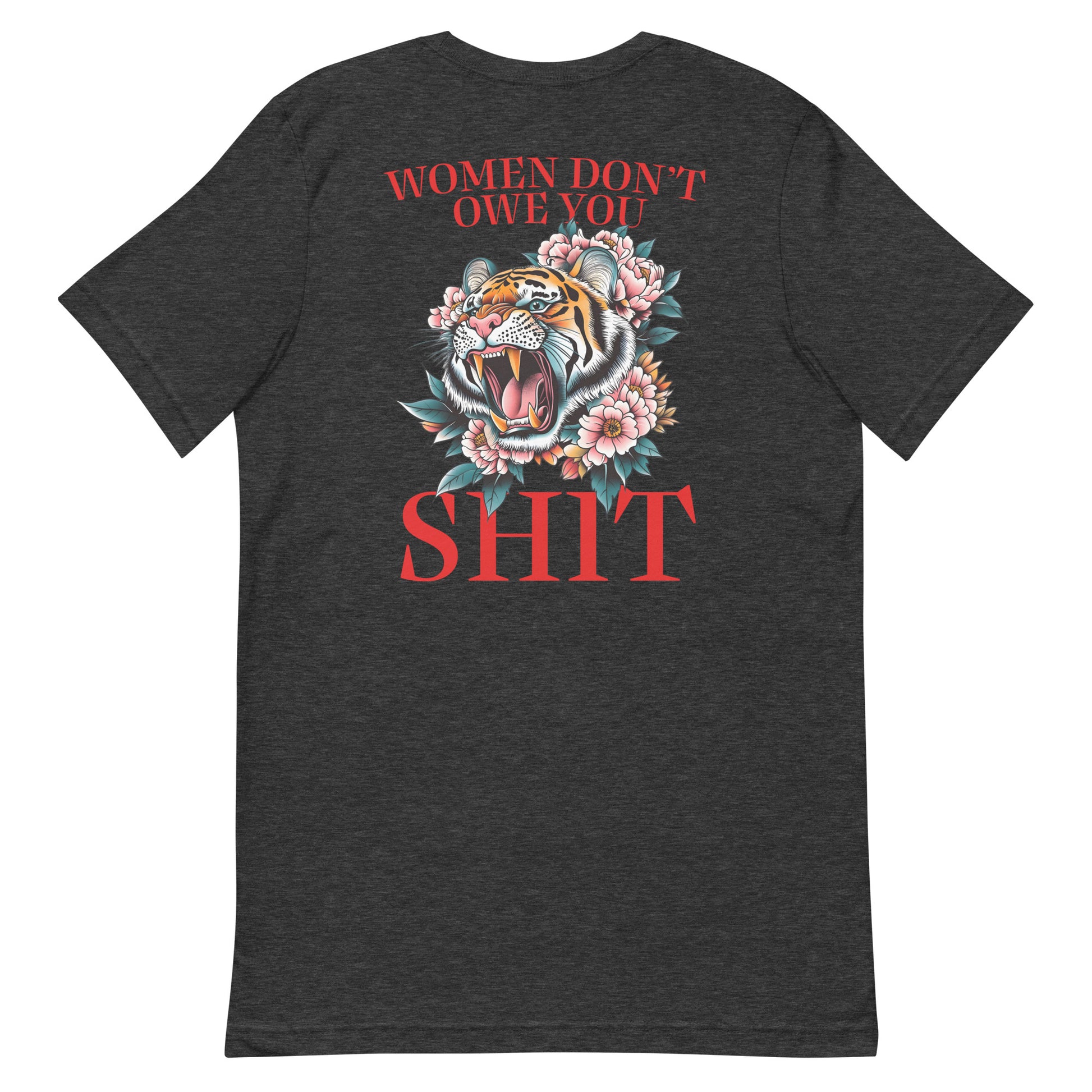 Dark heather gray unisex t-shirt featuring roaring tiger illustration and phrase “Women Don’t Owe You Sh*t,” bold feminist activist clothing.