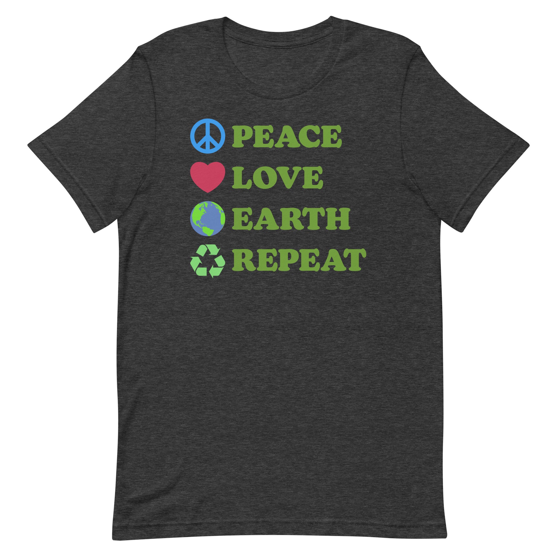 Front View Image: Peace Love Earth Repeat t-shirt displayed flat with full front graphic