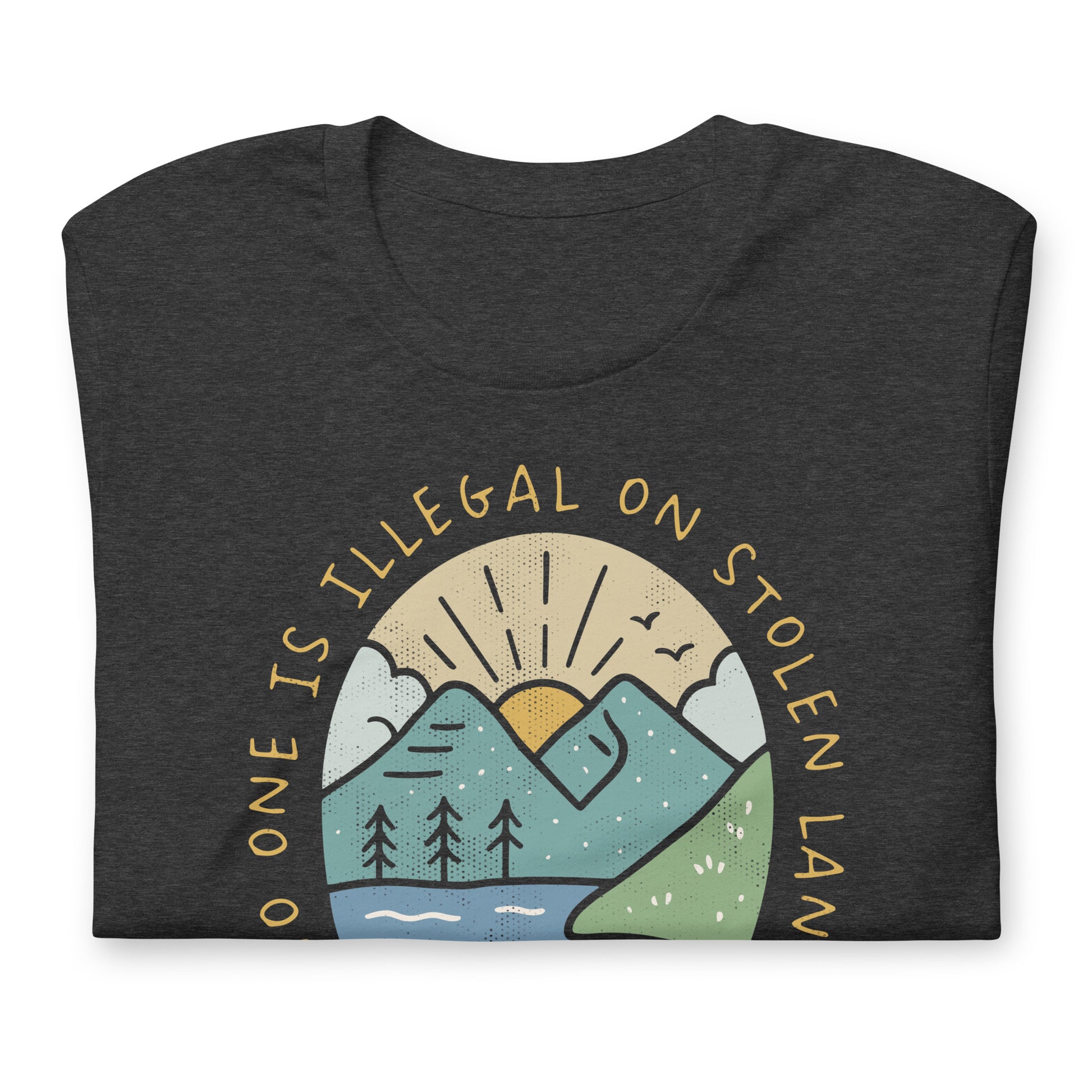 Close-Up of Design: Close-up of sunrise over mountains graphic with Indigenous land acknowledgment quote - Heather Grey