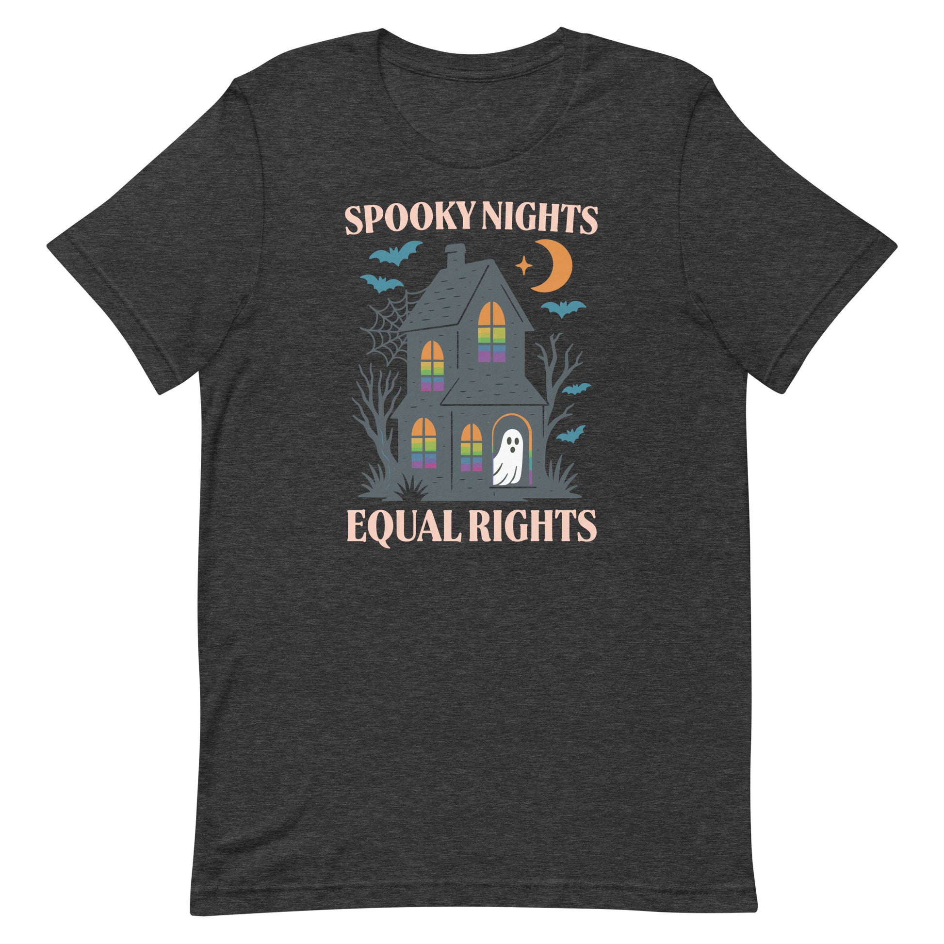 Heather gray “Spooky Nights Equal Rights” unisex Halloween t-shirt with haunted house illustration.
