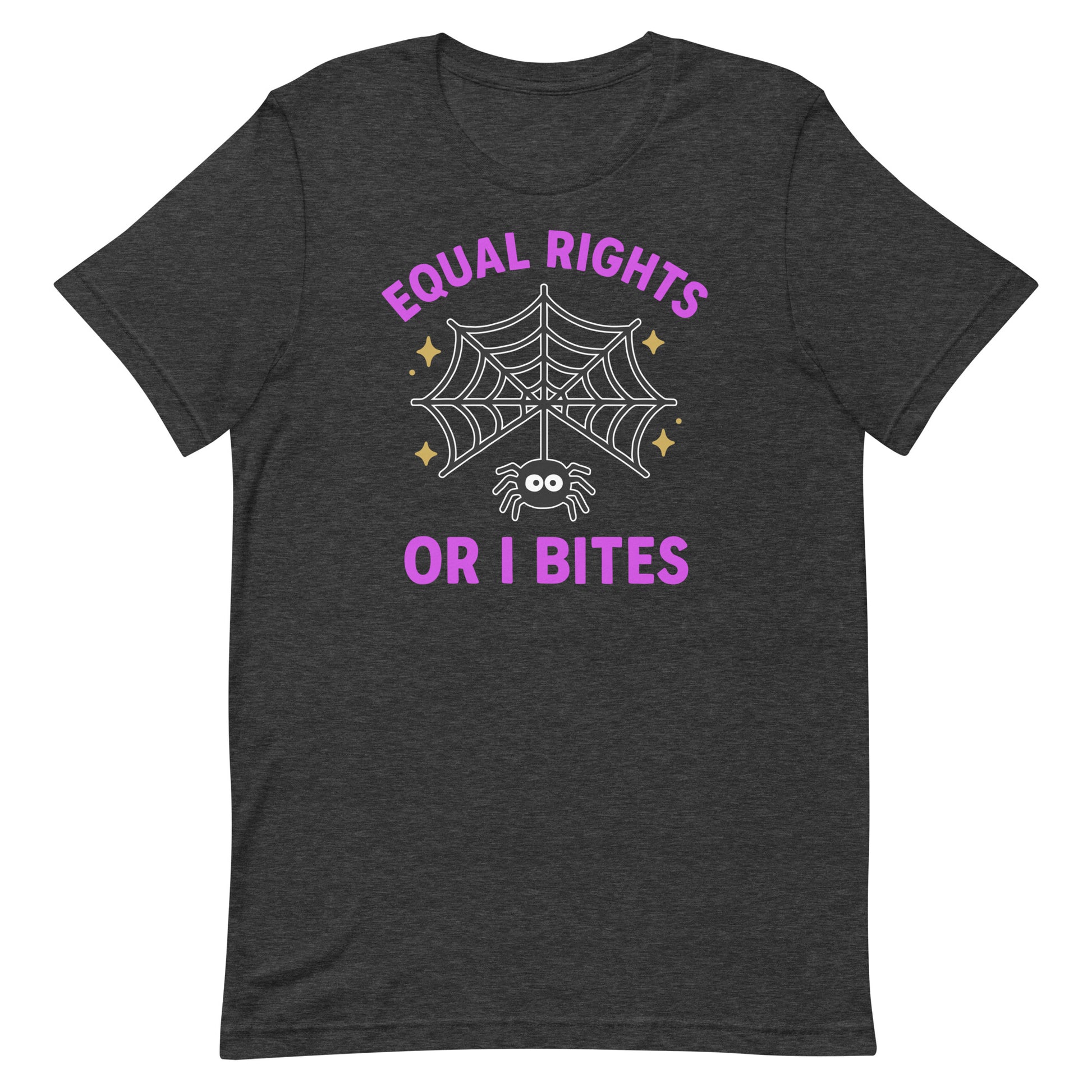 Heather gray “Equal Rights or I Bites” spider web shirt, spooky feminist Halloween tee.