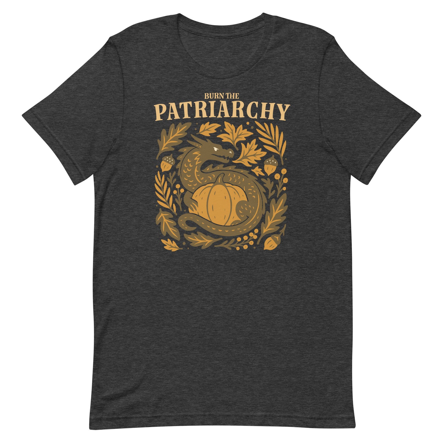 Heather gray “Burn the Patriarchy” feminism dragon shirt, cozy protest tee for fall equality events.