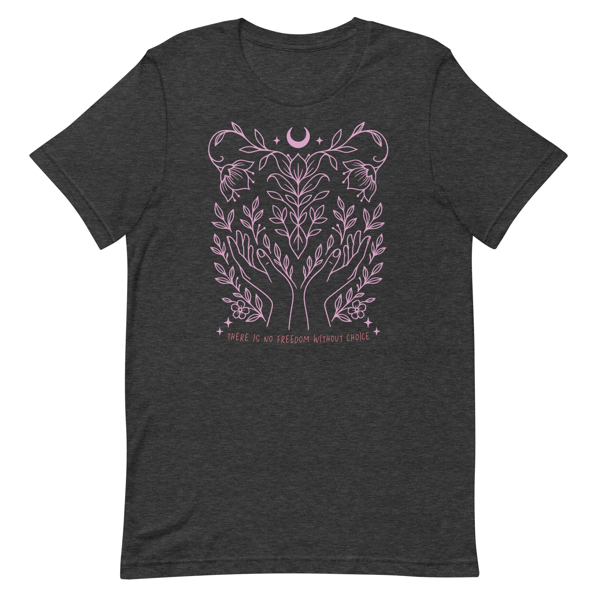 Dark heather gray t-shirt featuring pink floral line art and the phrase “There Is No Freedom Without Choice.” Bold and thoughtful pro-choice apparel by Blue Wave USA.