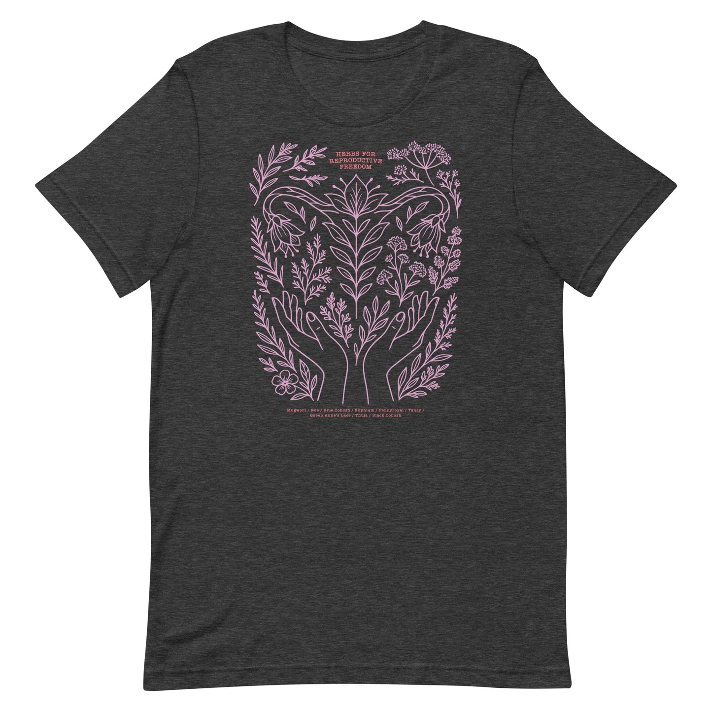Dark heather gray version of the “Herbs for Reproductive Freedom” unisex t-shirt with lavender botanical illustration and moon motif.