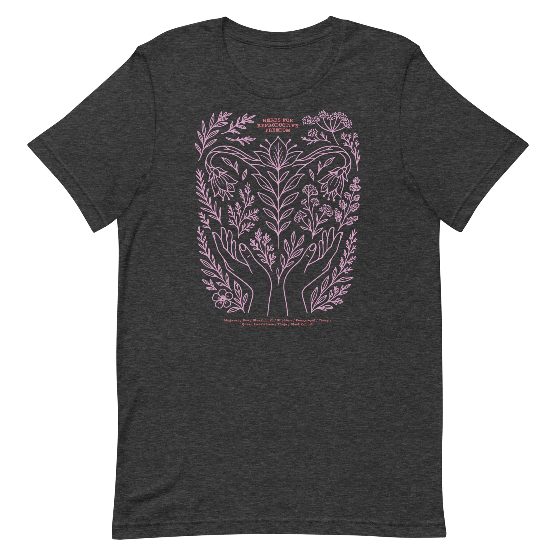 Dark heather gray version of the “Herbs for Reproductive Freedom” unisex t-shirt with lavender botanical illustration and moon motif.