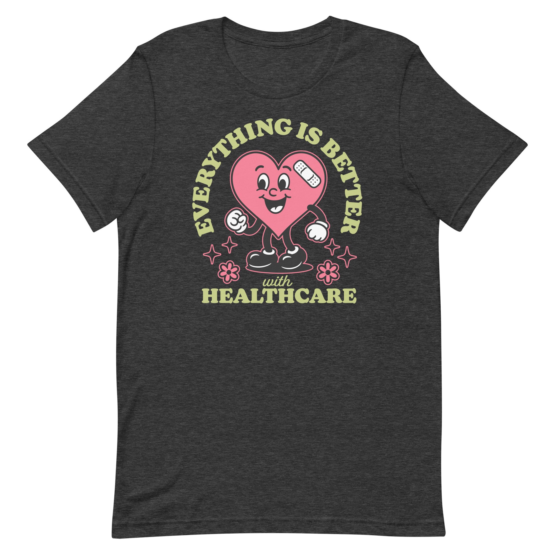 Heather gray “Everything Is Better with Healthcare” tee showing colorful healthcare-themed art by Blue Wave USA.