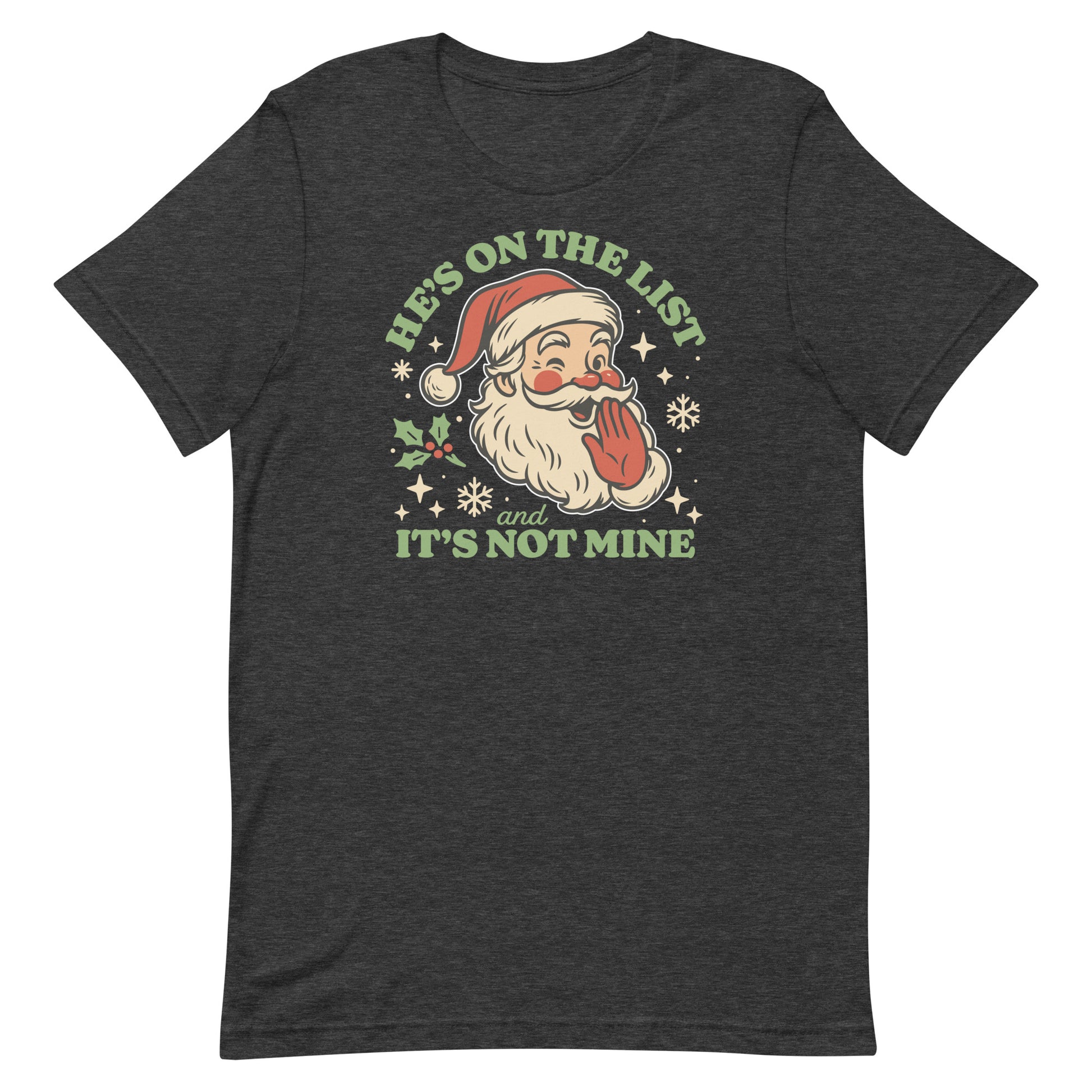 Dark heather gray tee with the playful Santa design and vintage distressed charm.