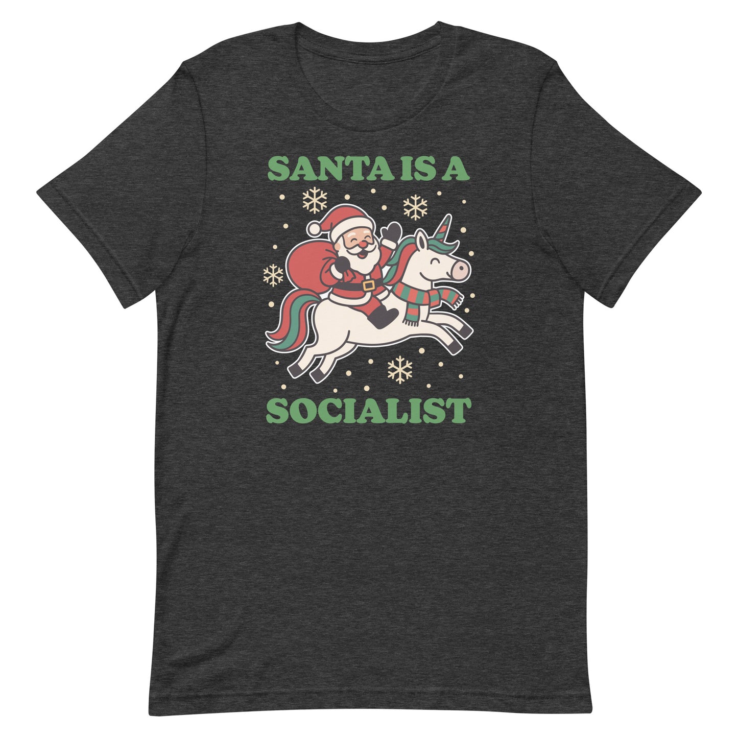 Dark heather gray t-shirt displaying a retro Santa on a unicorn with white stars and the printed message “SANTA IS A SOCIALIST,” progressive design from Blue Wave USA.