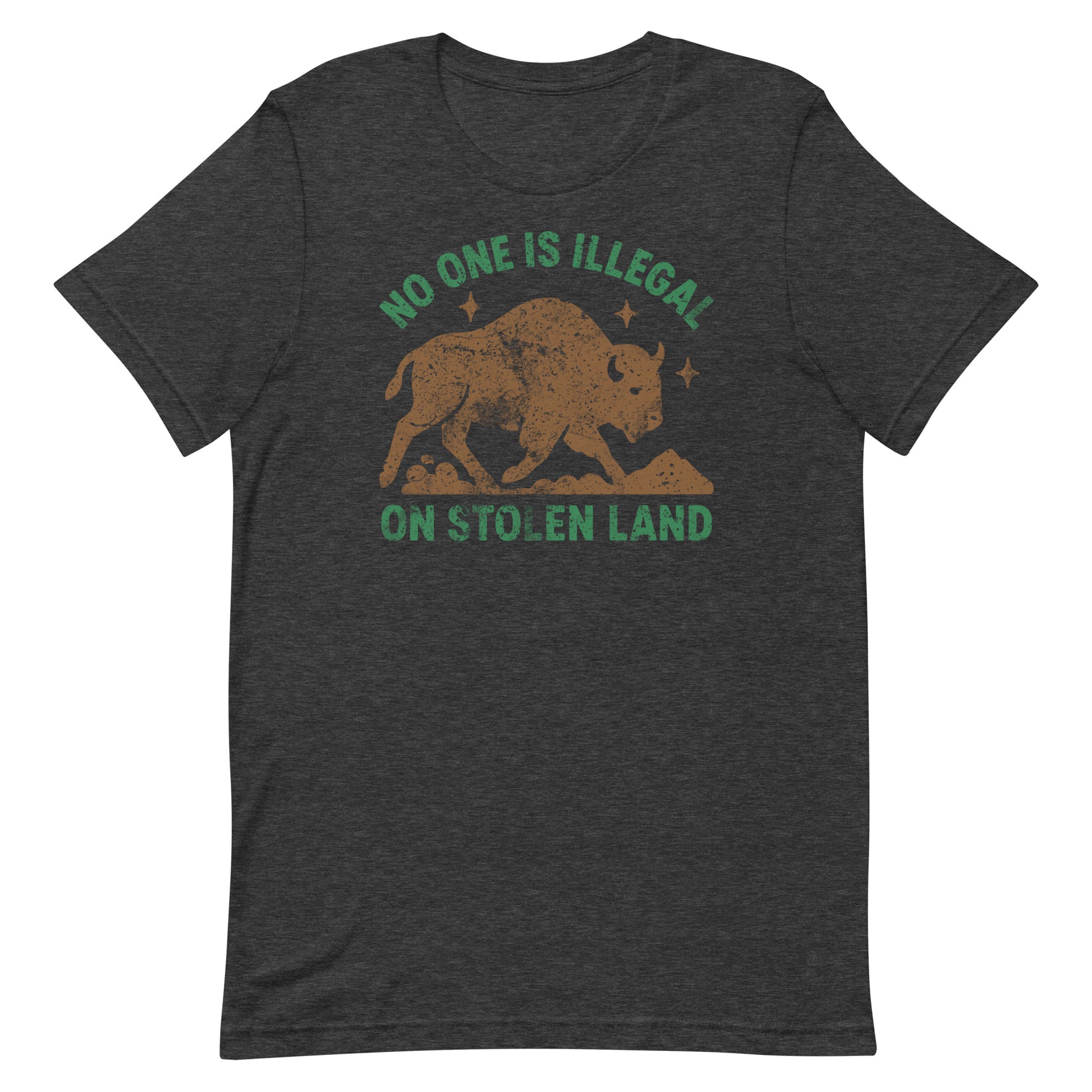 Dark gray heather t-shirt printed with a weathered buffalo silhouette and the phrase “NO ONE IS ILLEGAL ON STOLEN LAND,” a muted supportive graphic by Blue Wave USA.