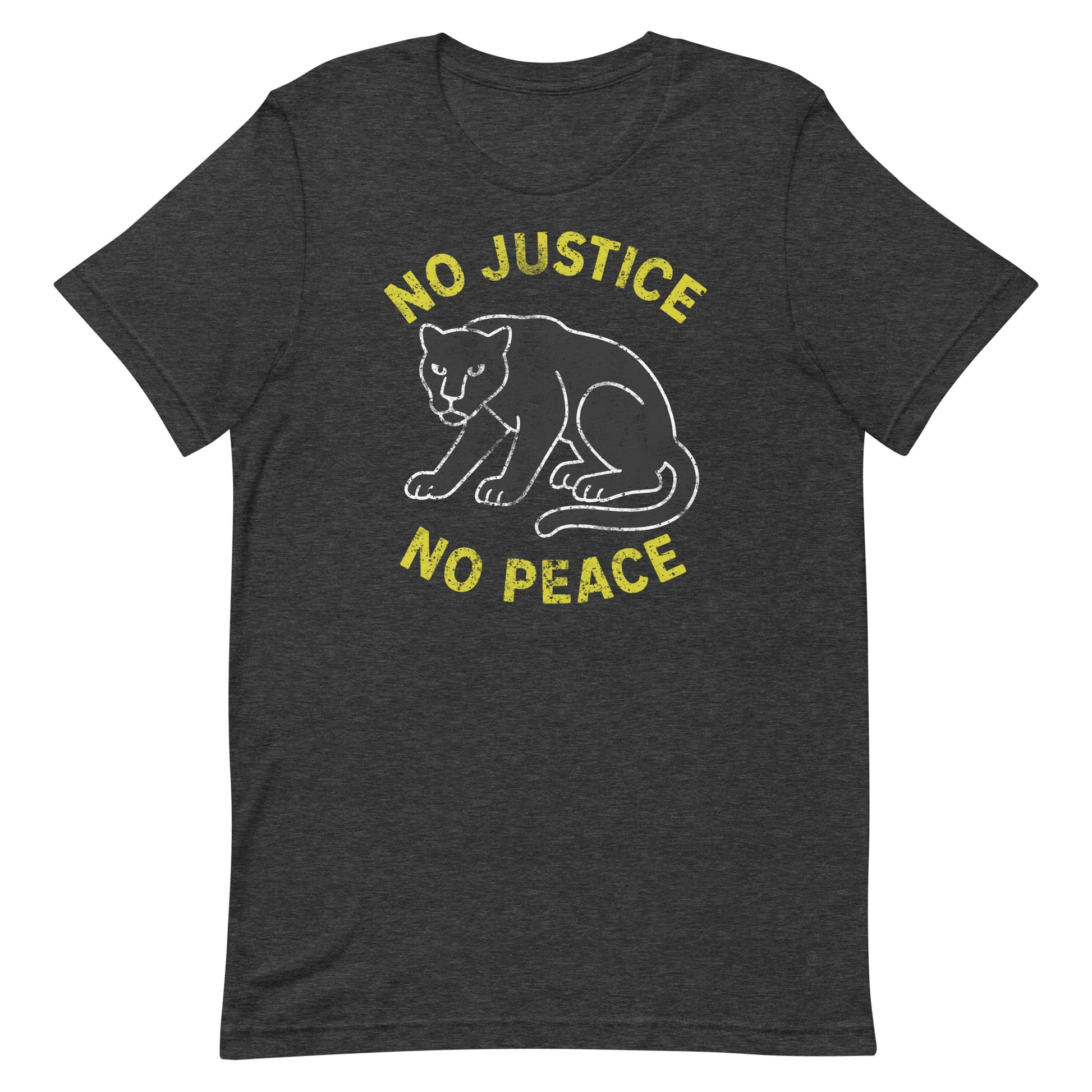 Dark grey heather unisex t-shirt printed with “NO JUSTICE NO PEACE” and panther illustration. Progressive clothing inspiring justice-driven dialogue.