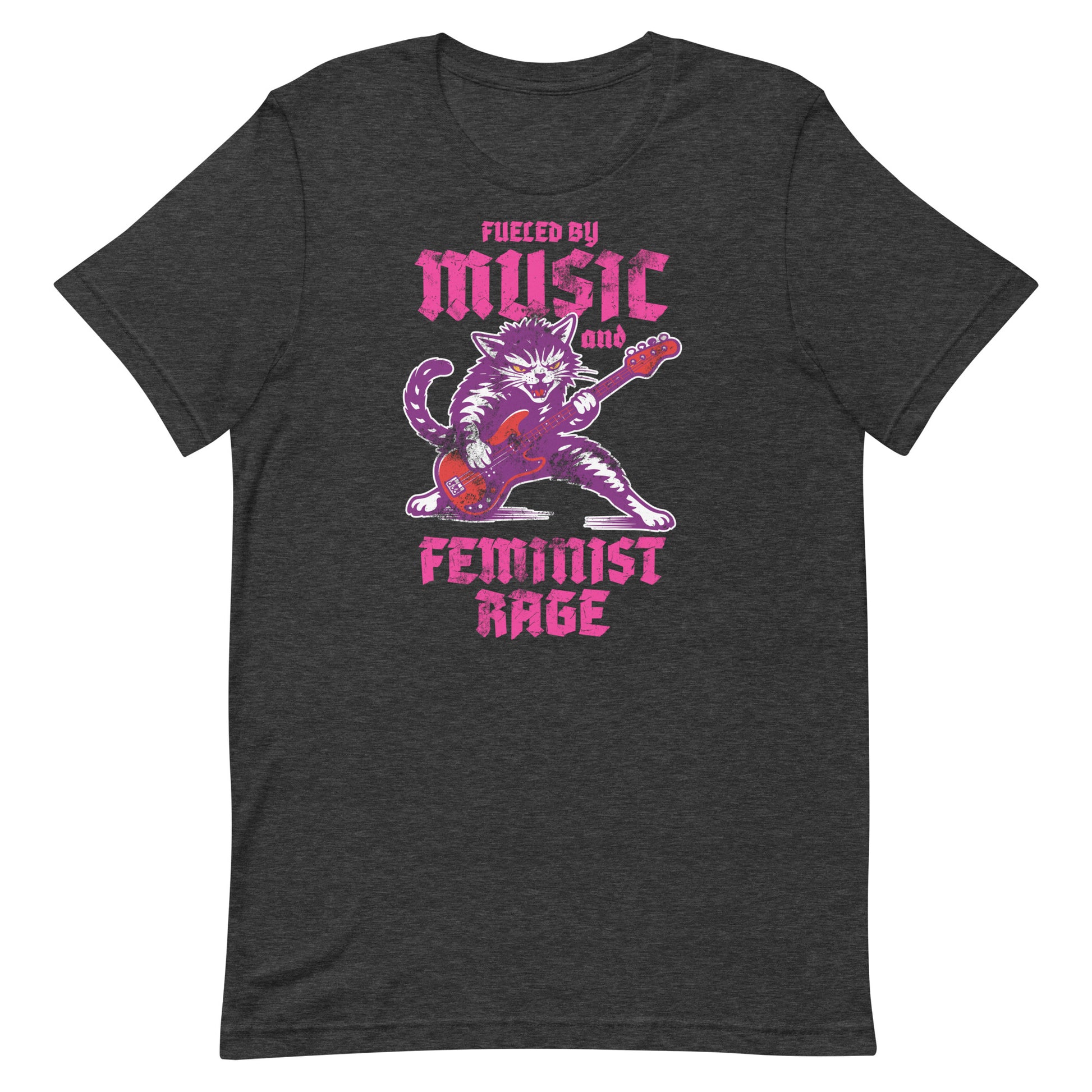 Dark charcoal heather gray unisex t-shirt shown flat, featuring the punk rock cat illustration and bold gothic lettering reading “FUELED BY MUSIC AND FEMINIST RAGE,” centered design.