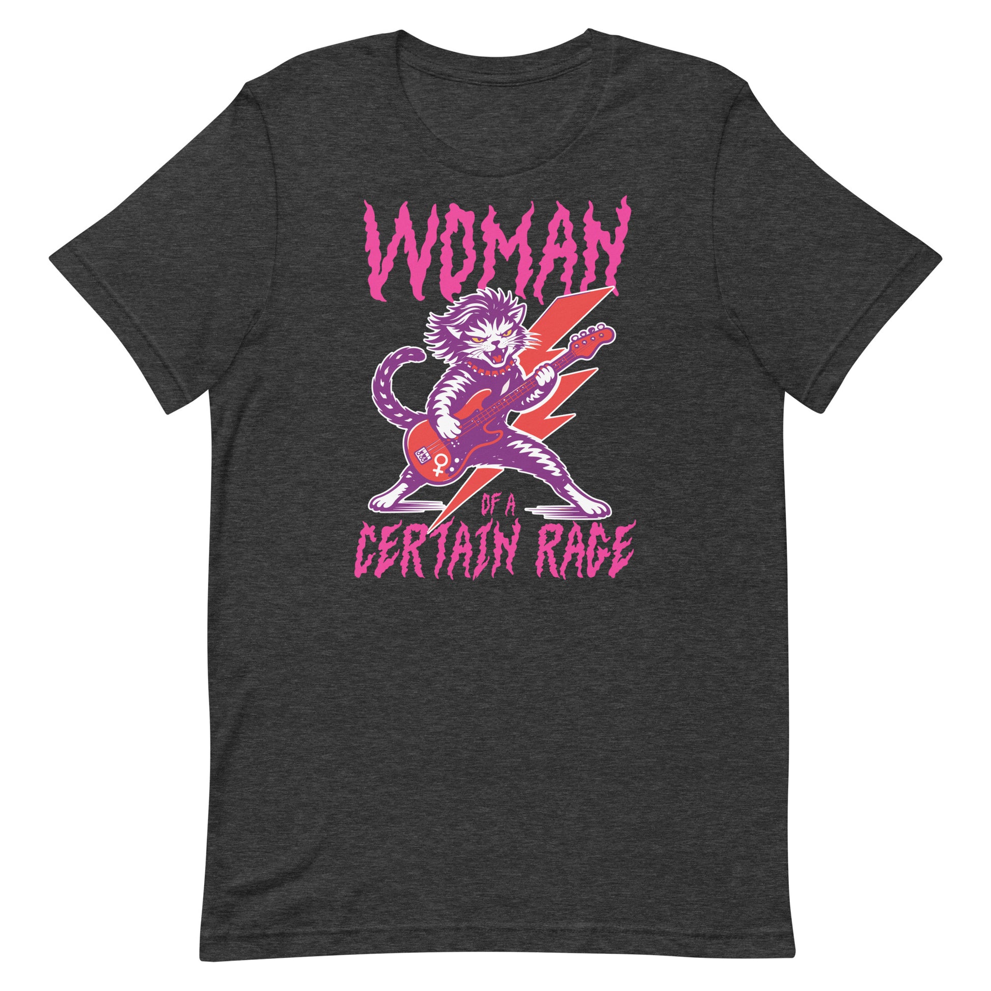 Charcoal gray heather unisex t-shirt displayed flat, featuring the feminist punk rock cat illustration and distressed lettering reading “WOMAN OF A CERTAIN RAGE.”
