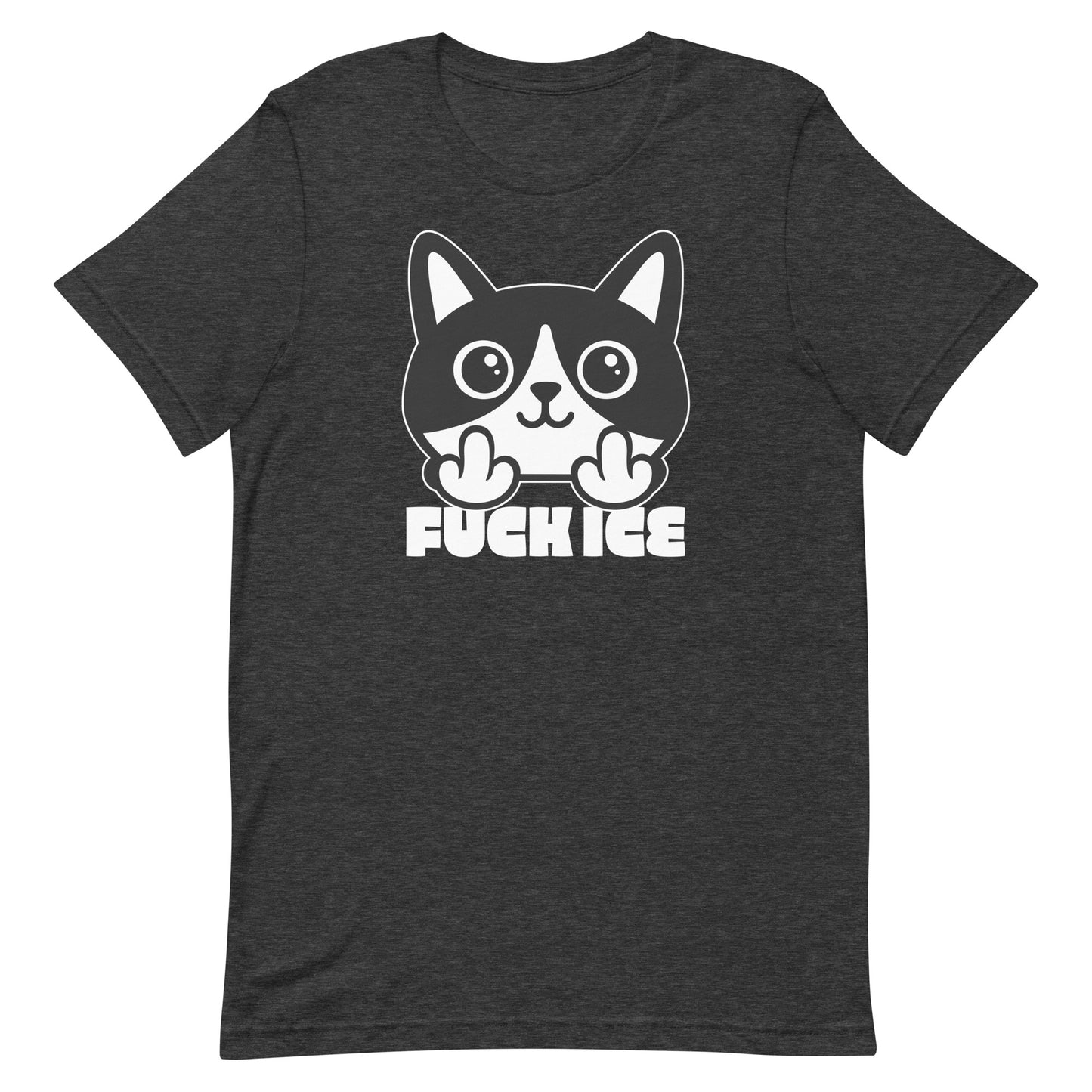Charcoal heather t-shirt with bold graphic cartoon cat flipping the middle finger, white print details, centered composition, printed message “FUCK ICE,” textured gray fabric.