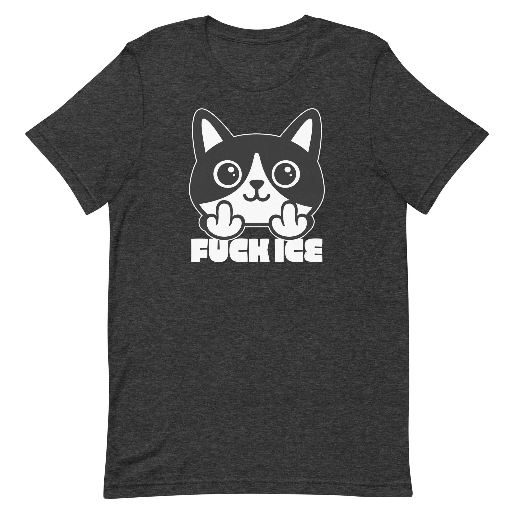 Charcoal heather t-shirt with bold graphic cartoon cat flipping the middle finger, white print details, centered composition, printed message “FUCK ICE,” textured gray fabric.