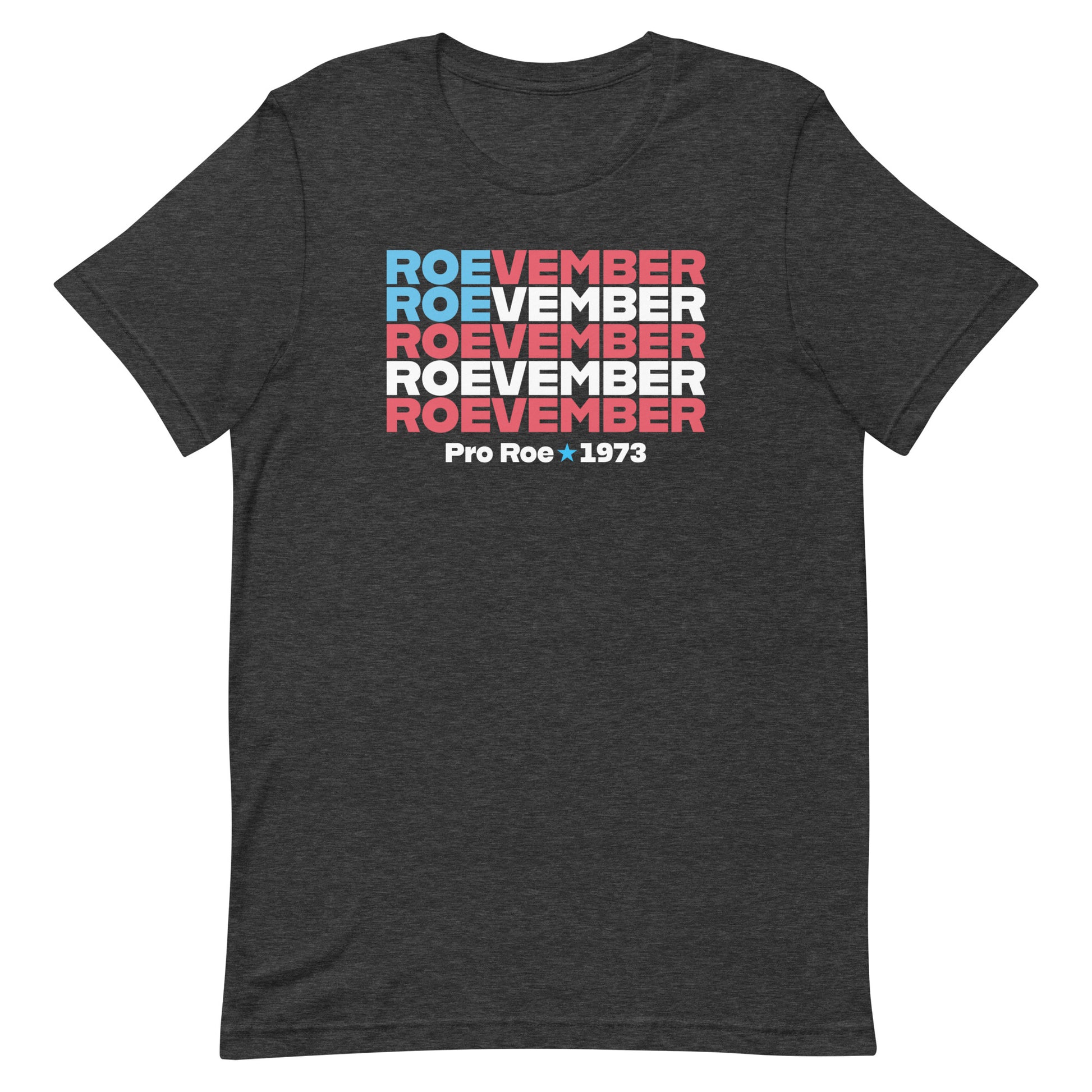 Dark heather gray unisex t-shirt featuring stacked typography reading “Roevember Pro Roe 1973,” pro-choice activist apparel.