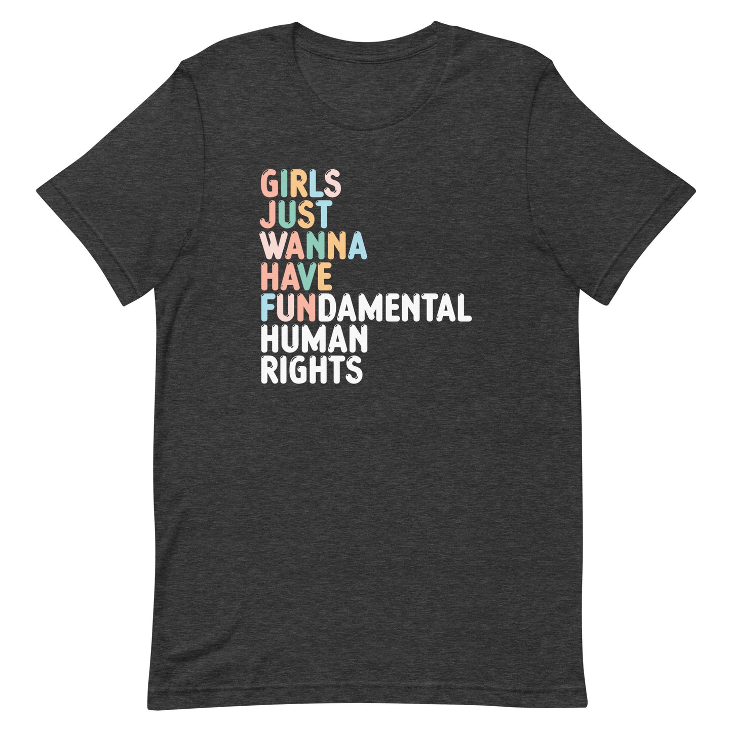 Dark heather gray unisex t-shirt featuring stacked typography reading “GIRLS JUST WANNA HAVE FUNDAMENTAL HUMAN RIGHTS,” equality activist clothing from Blue Wave USA.