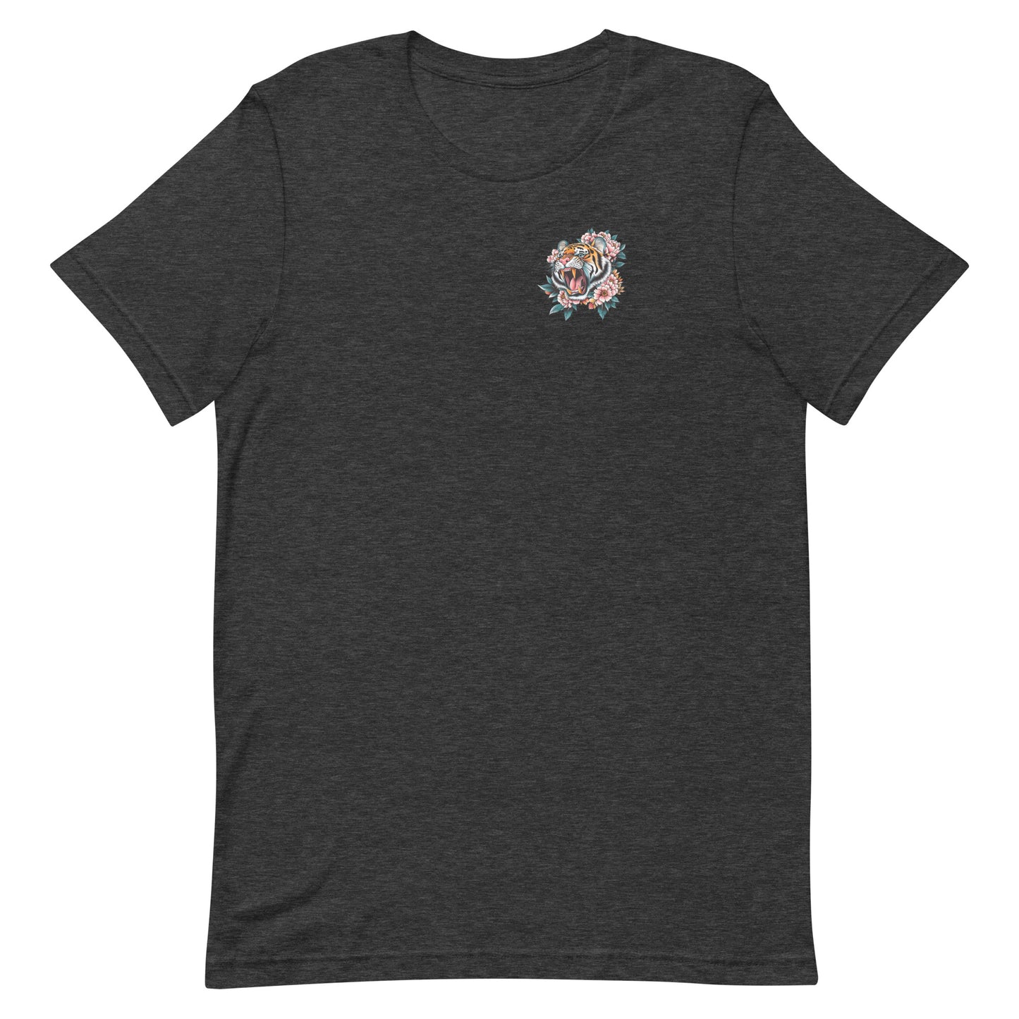 Dark gray unisex t-shirt featuring small tiger emblem on chest, minimalist artwork supporting “Women Don’t Owe You Sh*t” feminist apparel.