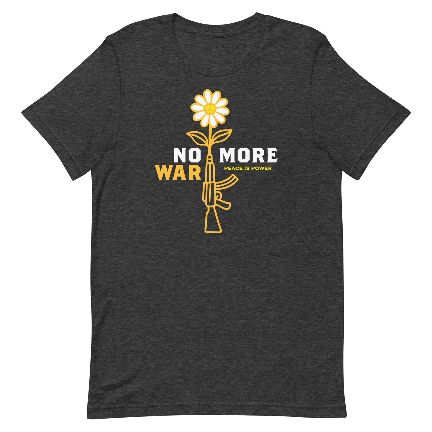 Dark heather gray unisex t-shirt displaying stylized floral rifle illustration and “No More War” peace statement.