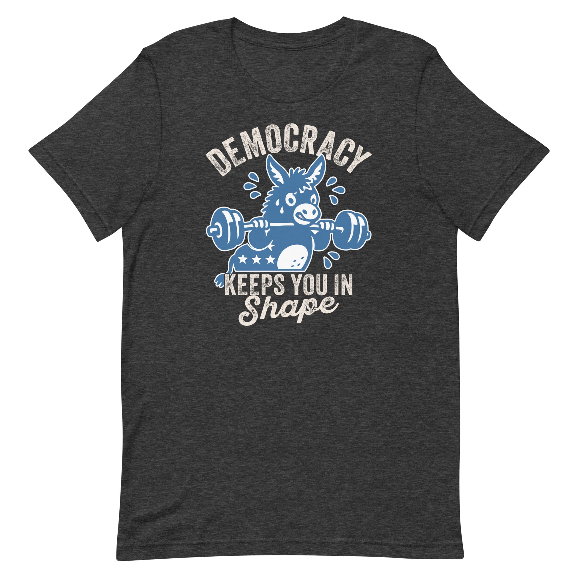 Dark heather unisex T-shirt featuring blue donkey fitness artwork and democracy slogan, justice-focused design with vintage workout poster energy.