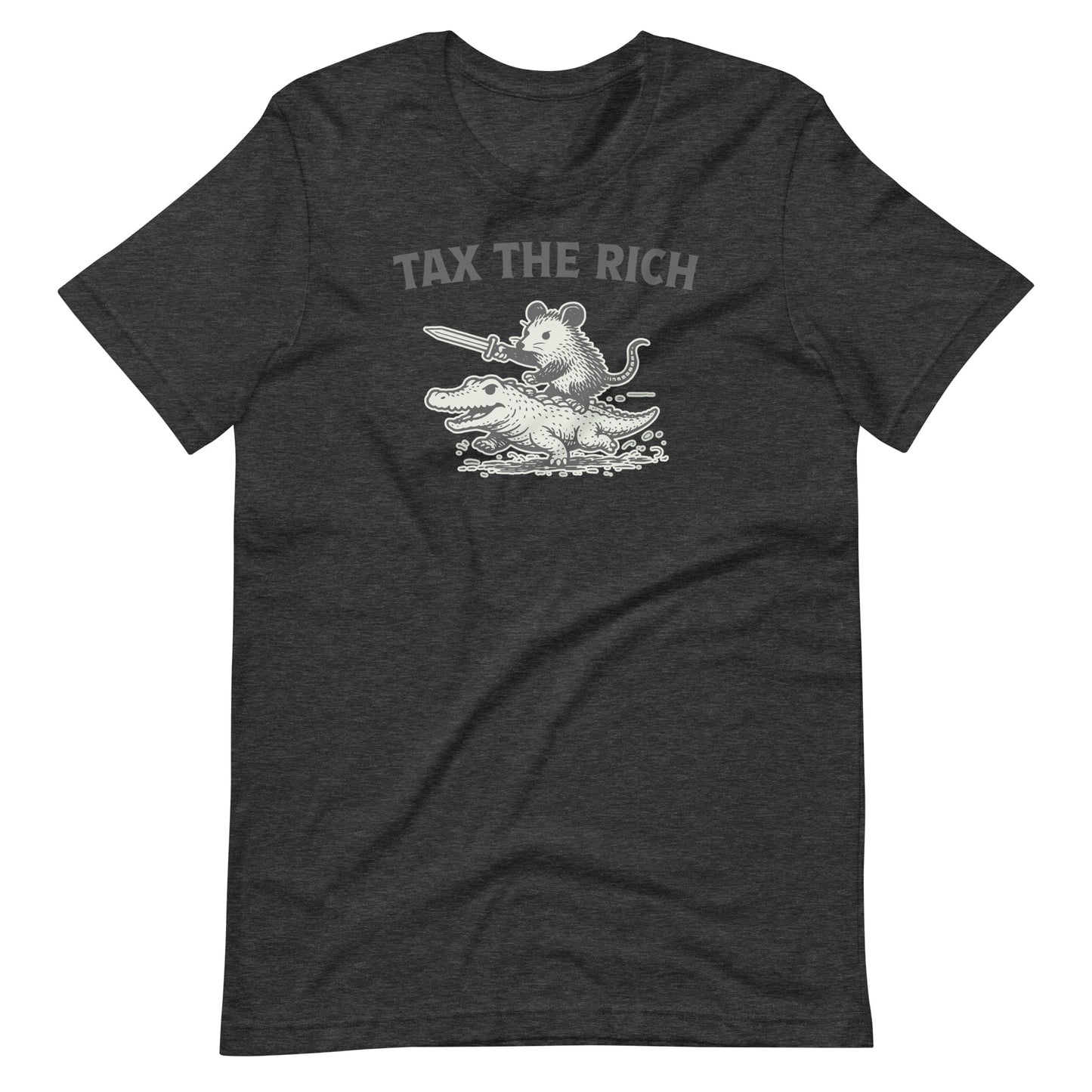 Dark heather unisex t-shirt showcasing an opossum riding an alligator graphic rendered in a distressed monochrome style with “Tax the Rich” typography.
