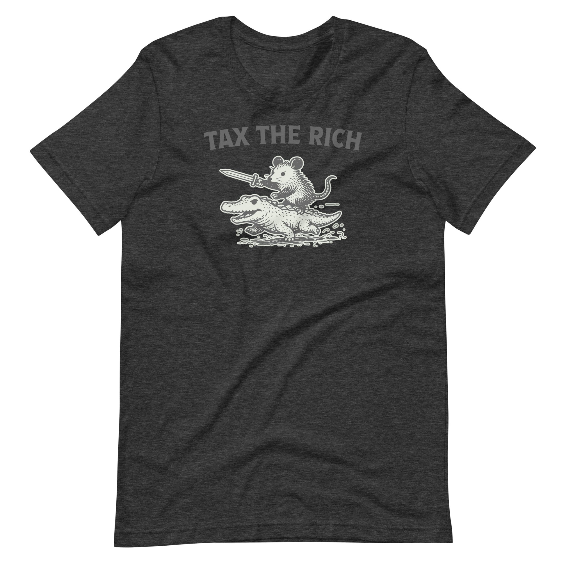 Dark heather unisex t-shirt showcasing an opossum riding an alligator graphic rendered in a distressed monochrome style with “Tax the Rich” typography.