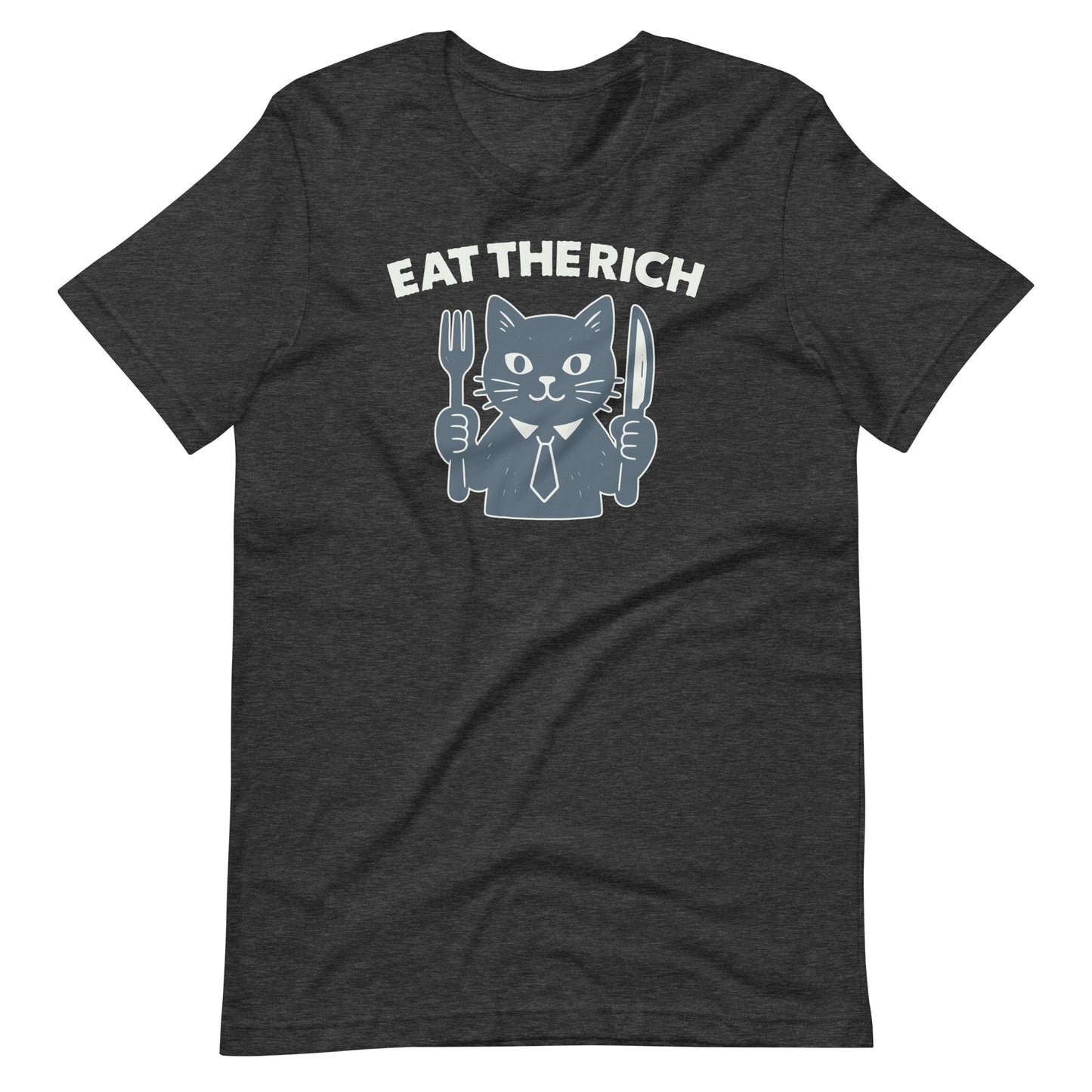 Dark heather unisex t-shirt featuring a mischievous cat graphic with fork and knife artwork paired with the bold “Eat the Rich” message.