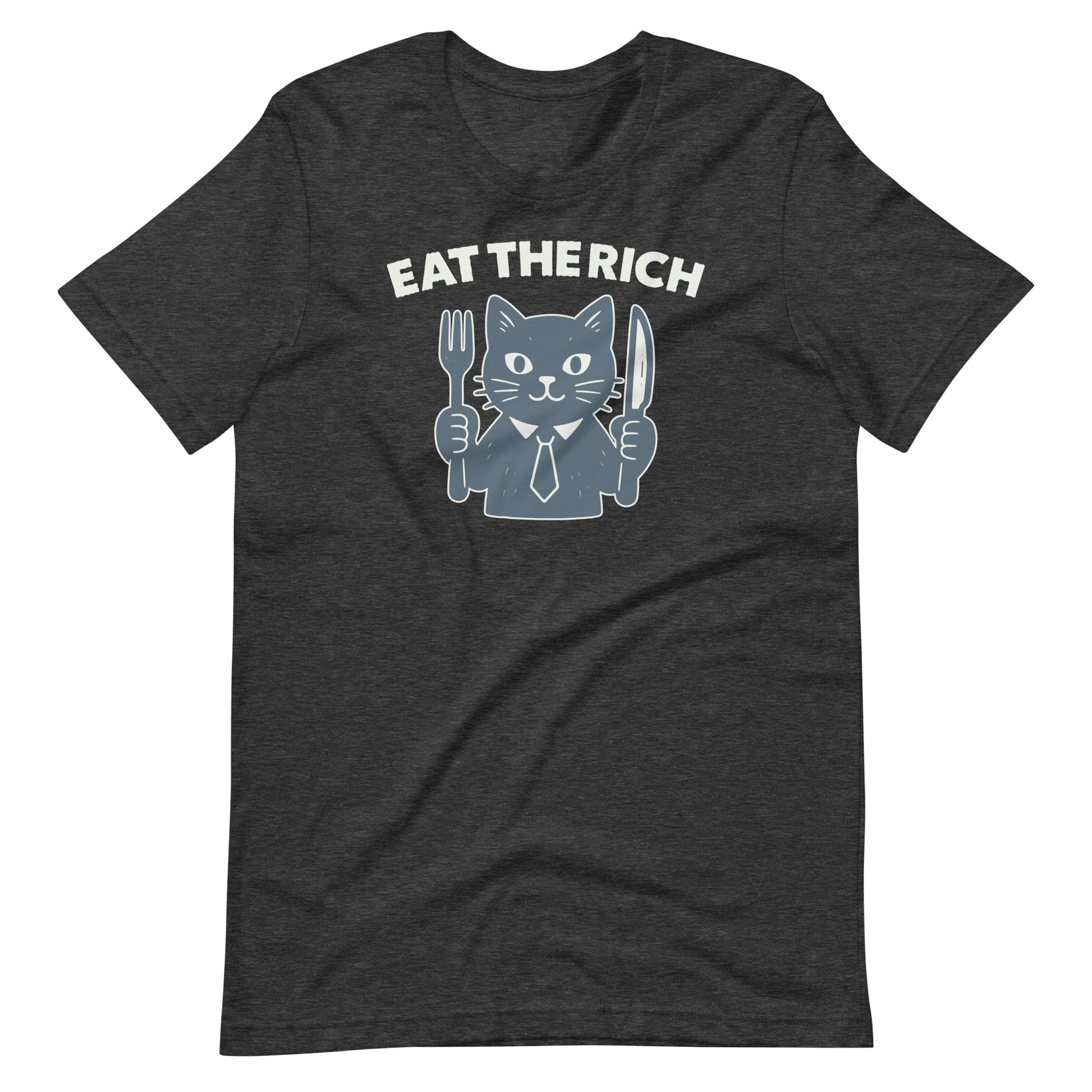 Dark heather unisex t-shirt featuring a mischievous cat graphic with fork and knife artwork paired with the bold “Eat the Rich” message.