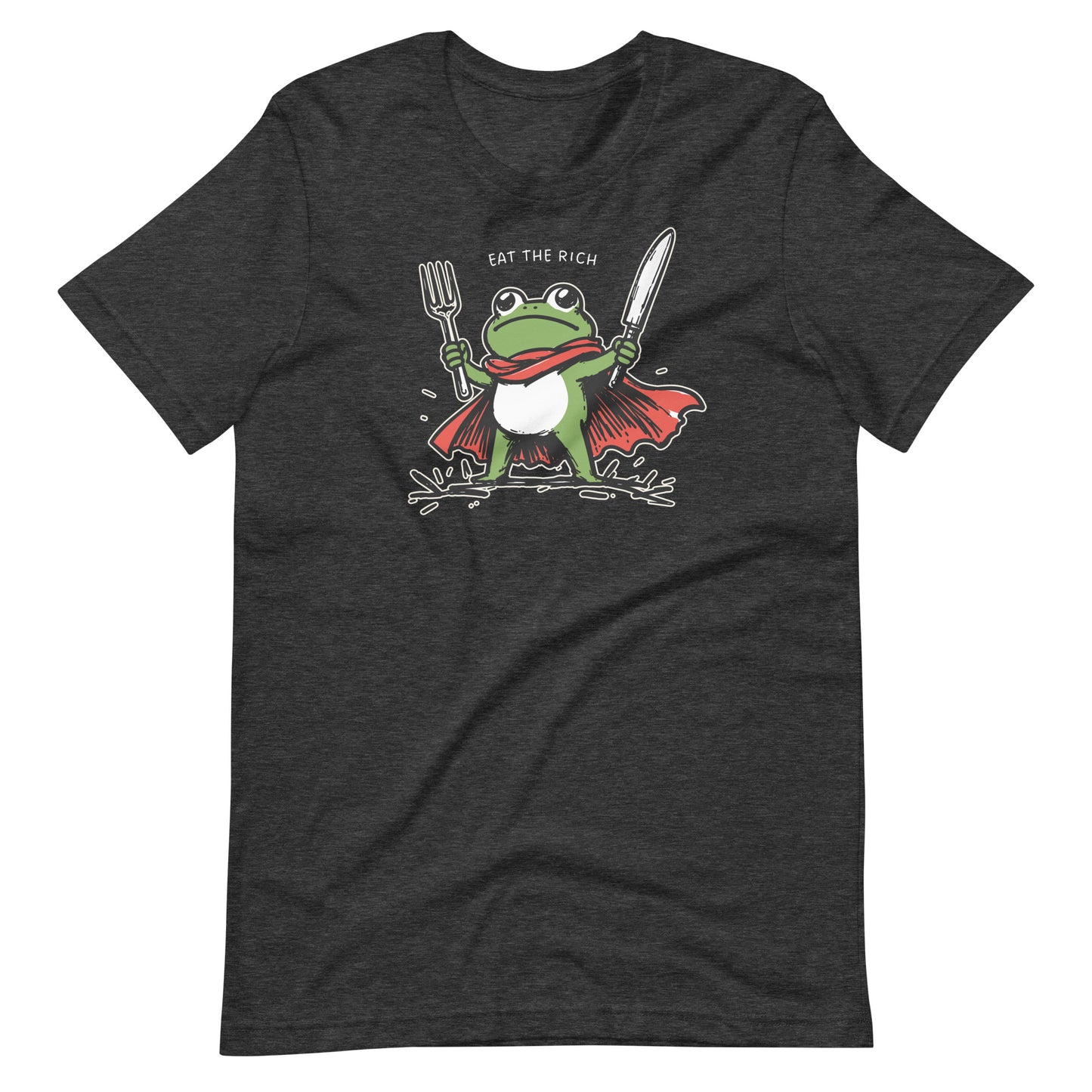 Dark heather unisex t-shirt displaying a caped frog character holding dining utensils with playful “Eat the Rich” anti-corporate protest artwork.