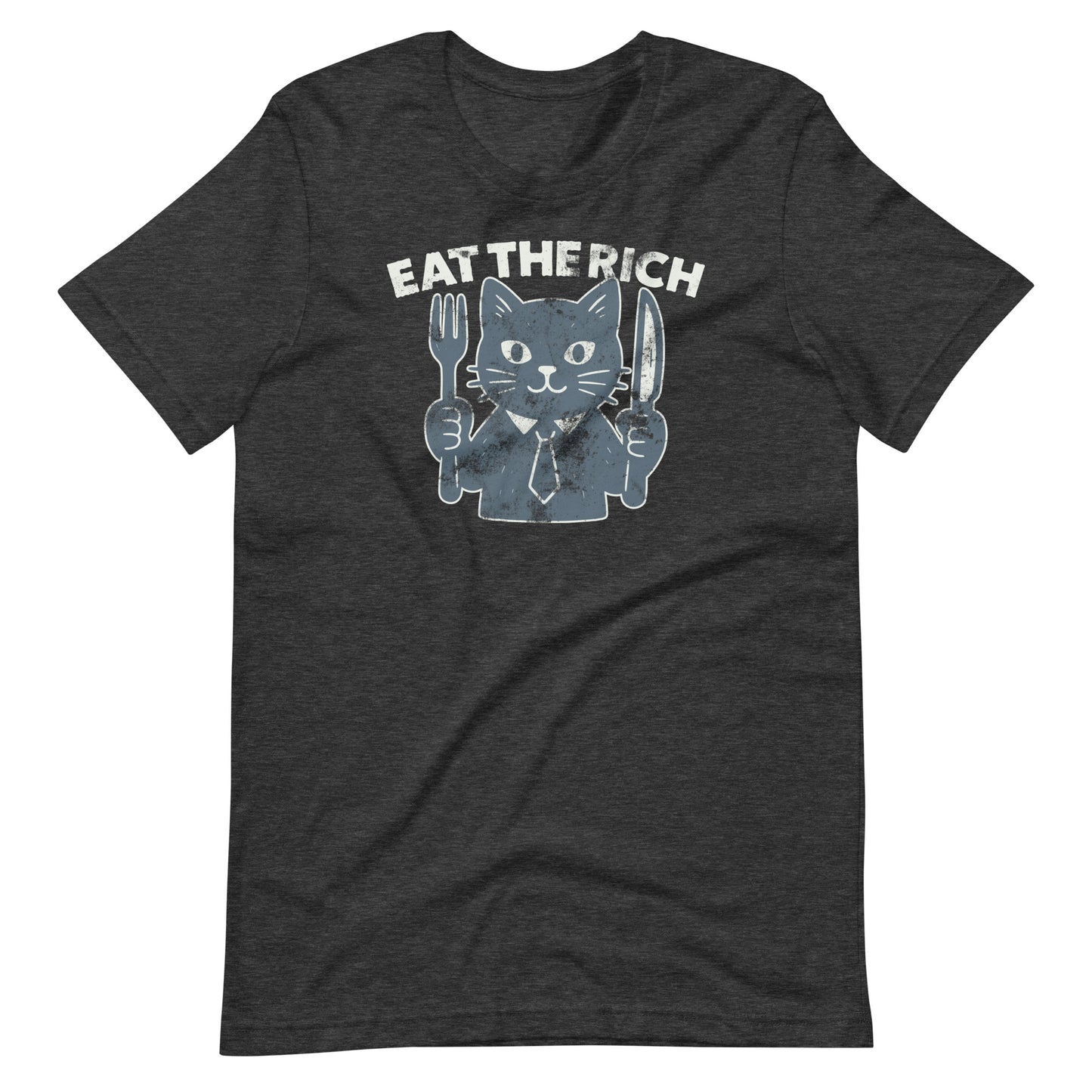 Dark heather unisex t-shirt featuring a mischievous cat graphic with fork and knife artwork paired with the bold “Eat the Rich” message.