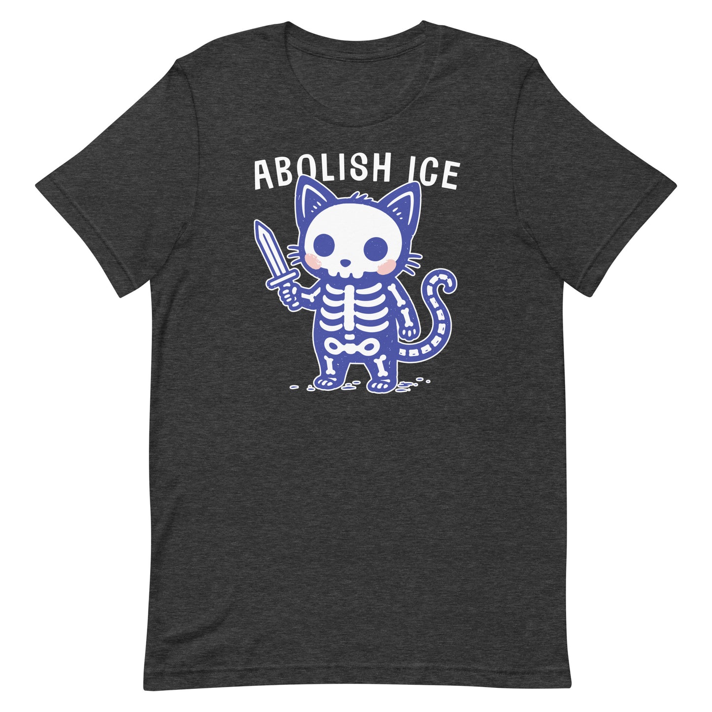 Heather black unisex t-shirt featuring the Abolish ICE skeleton cat graphic, blending whimsical artwork with a bold activist statement.