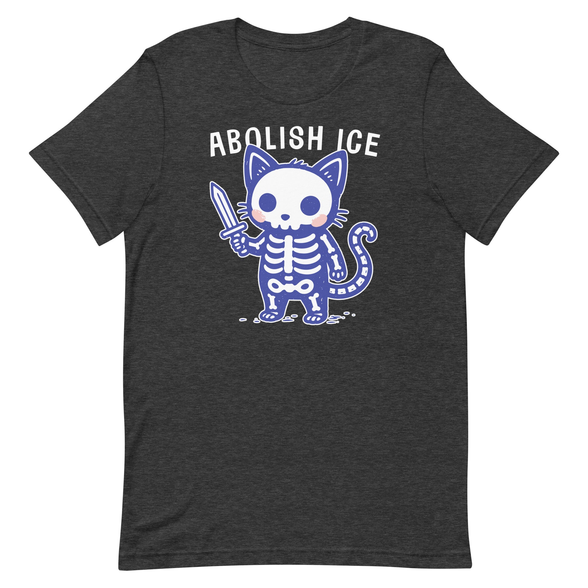Heather black unisex t-shirt featuring the Abolish ICE skeleton cat graphic, blending whimsical artwork with a bold activist statement.