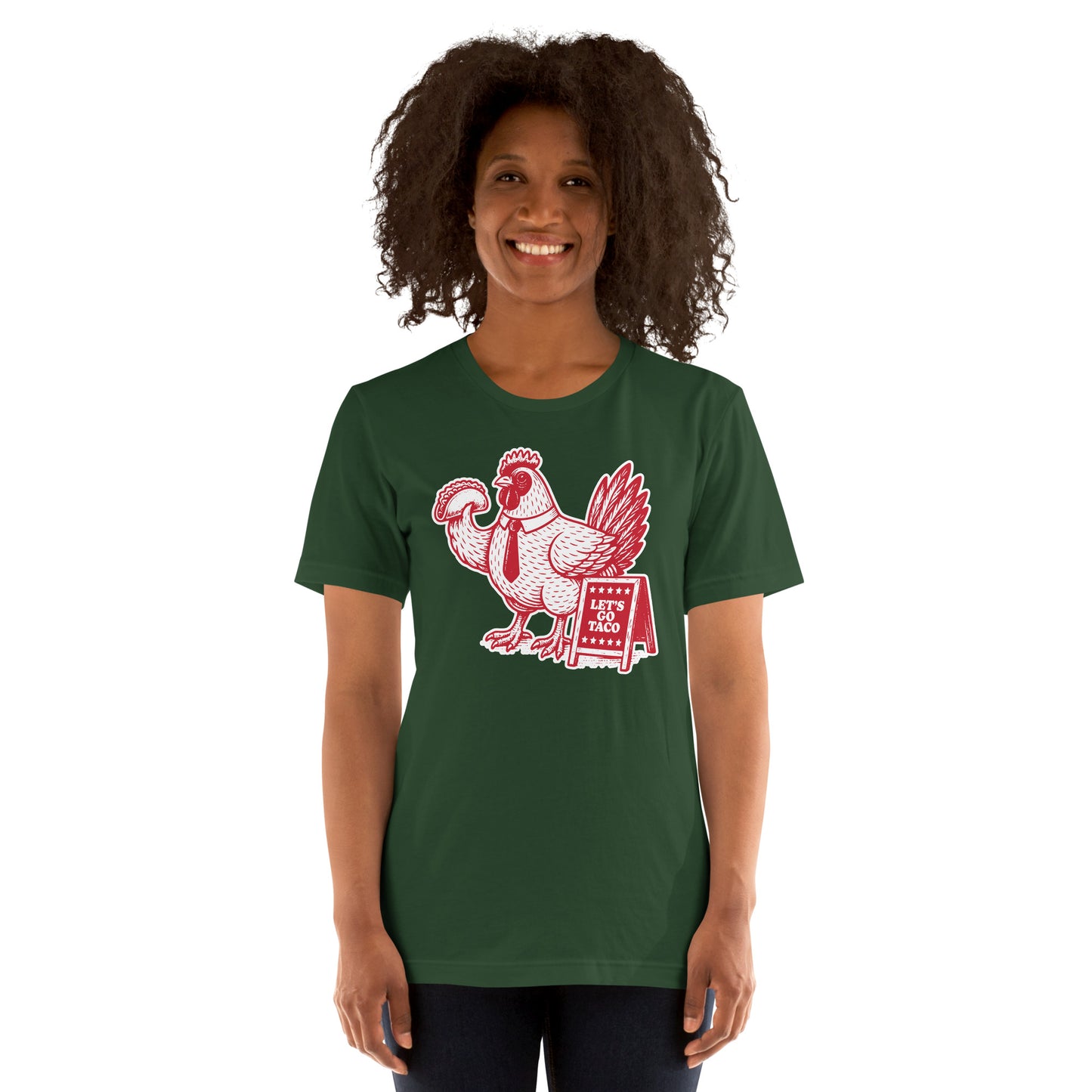 Lifestyle Image: Model wearing the Let’s Go T.A.C.O. Shirt– Bold Political Statement