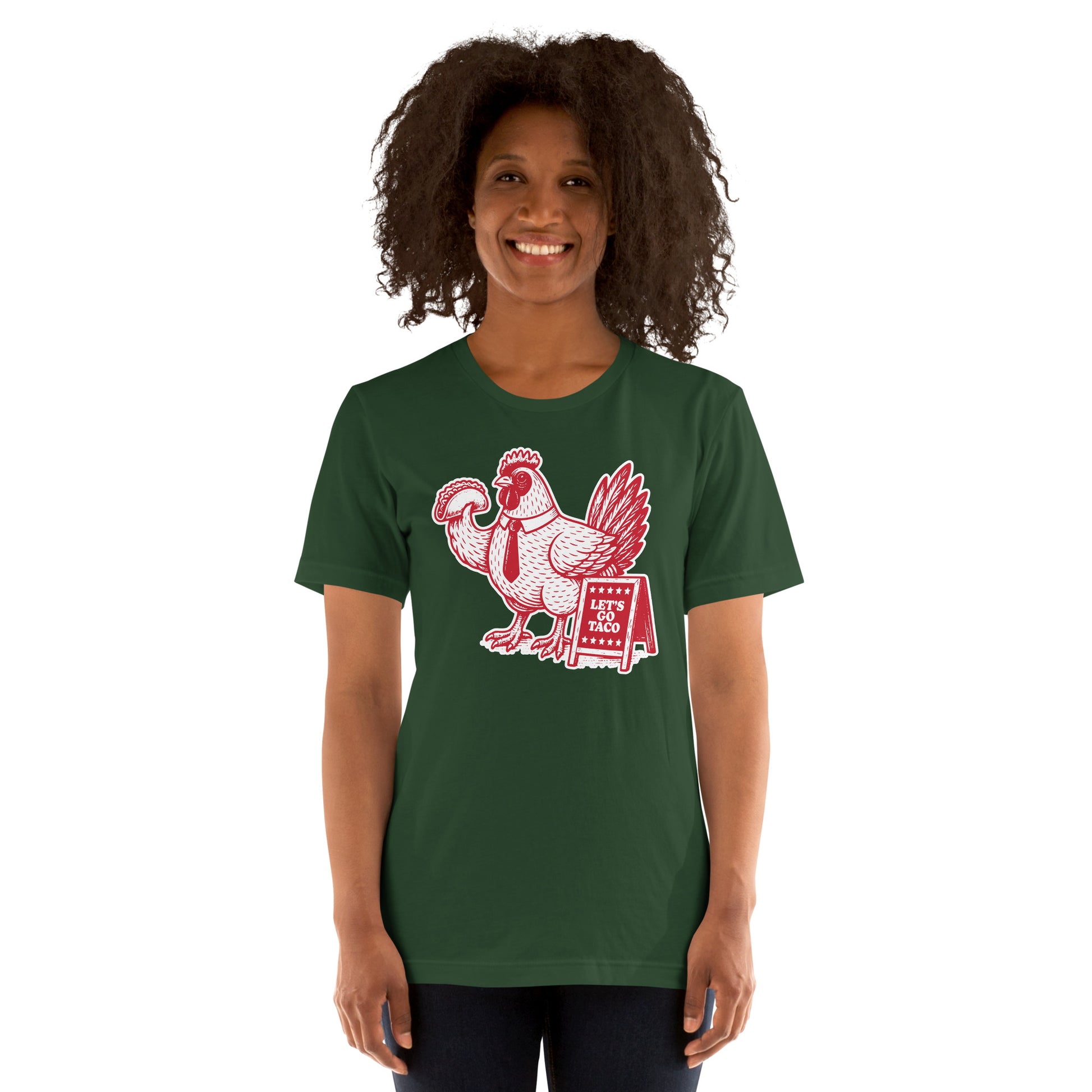 Lifestyle Image: Model wearing the Let’s Go T.A.C.O. Shirt– Bold Political Statement