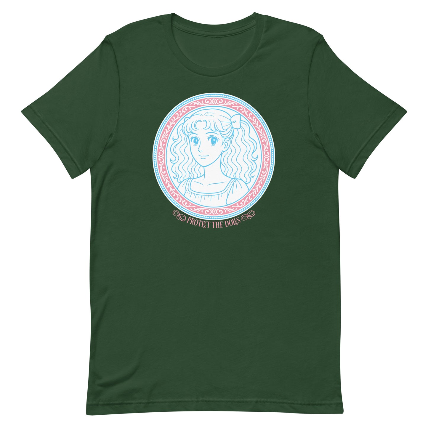 Front View Image: Protect The Dolls t-shirt with trans pride anime-style graphic