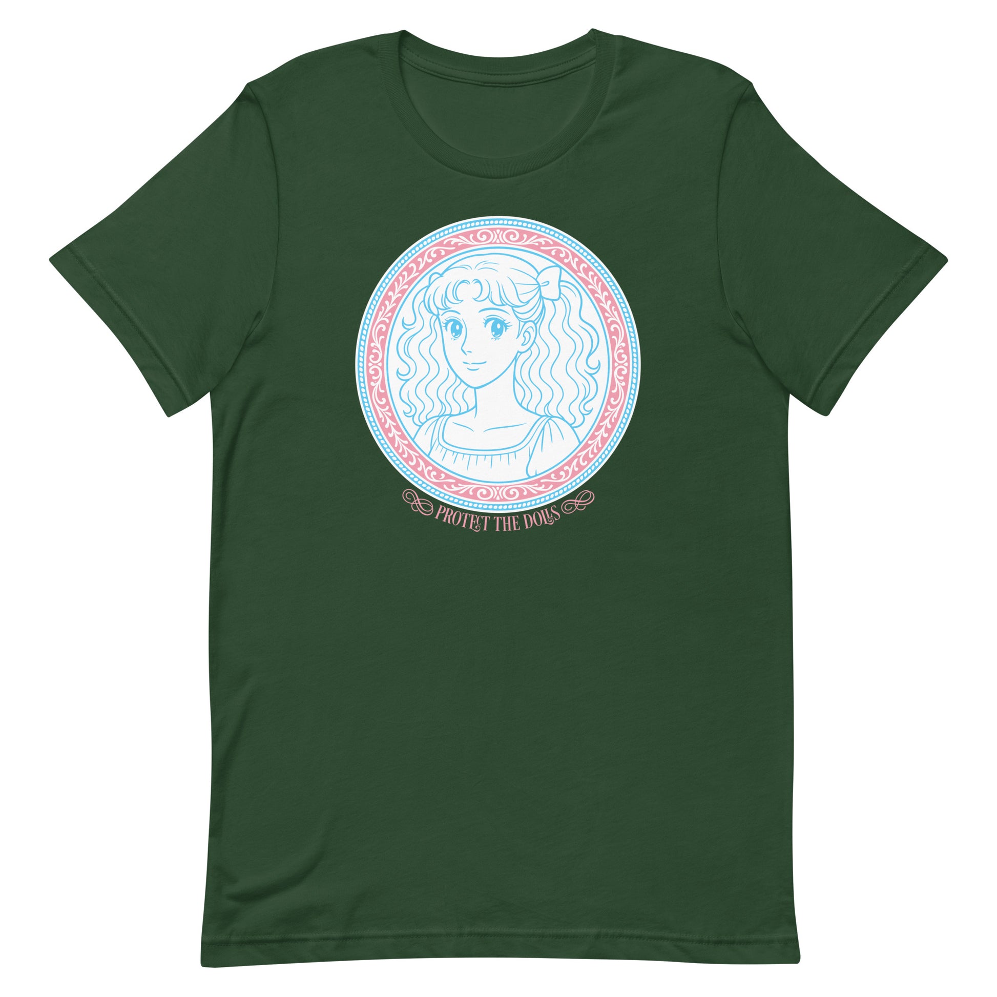 Front View Image: Protect The Dolls t-shirt with trans pride anime-style graphic
