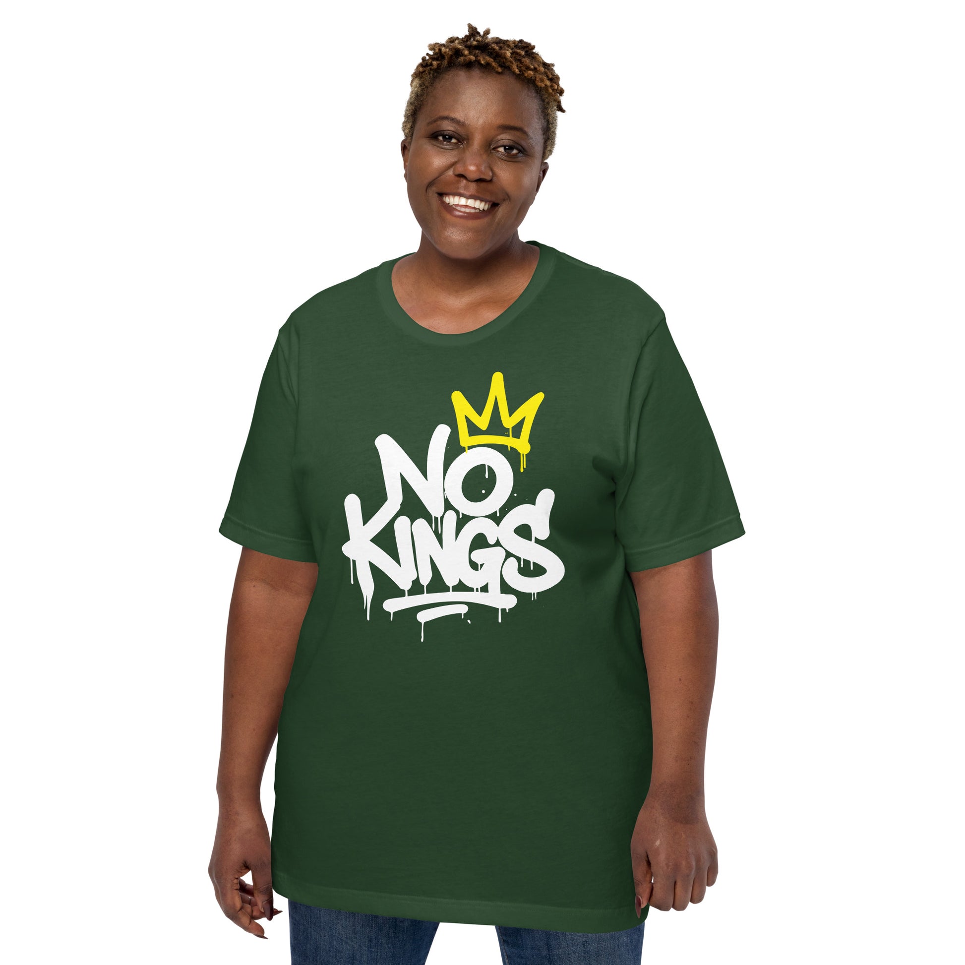 Lifestyle Image: Black woman protester l wearing graffiti-style No Kings in America unisex t-shirt with anti-authoritarian message