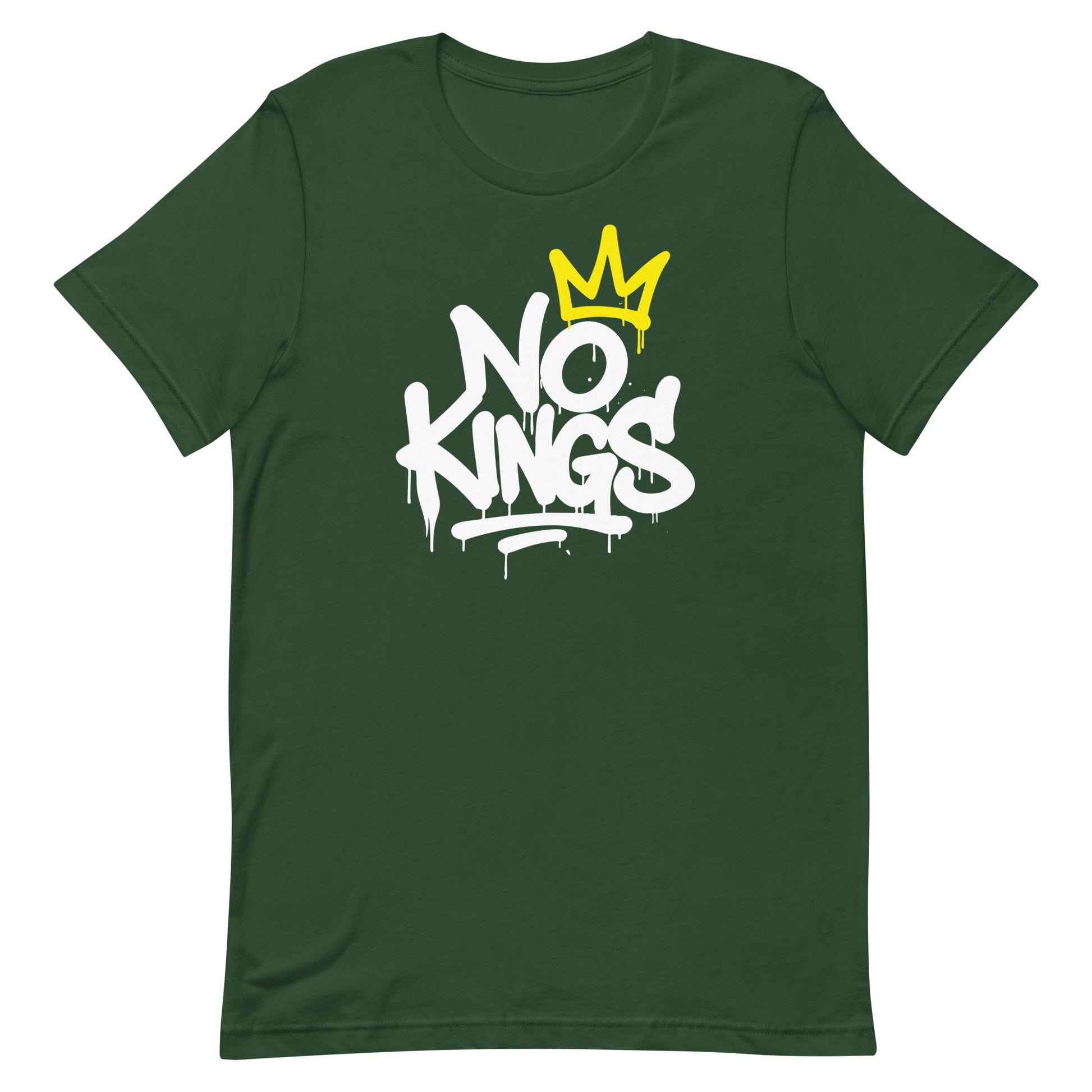 Front View Image: Front view of No Kings in America protest t-shirt with bold graffiti text and yellow crown